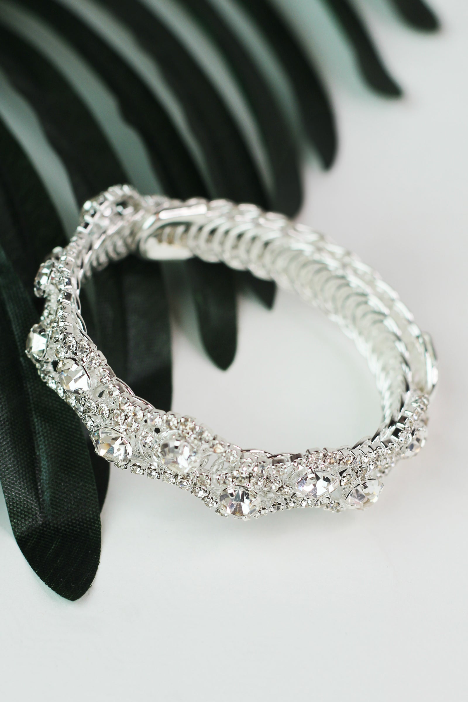 Wavy Lines & Round Rhinestones Coil Cuff Bracelet