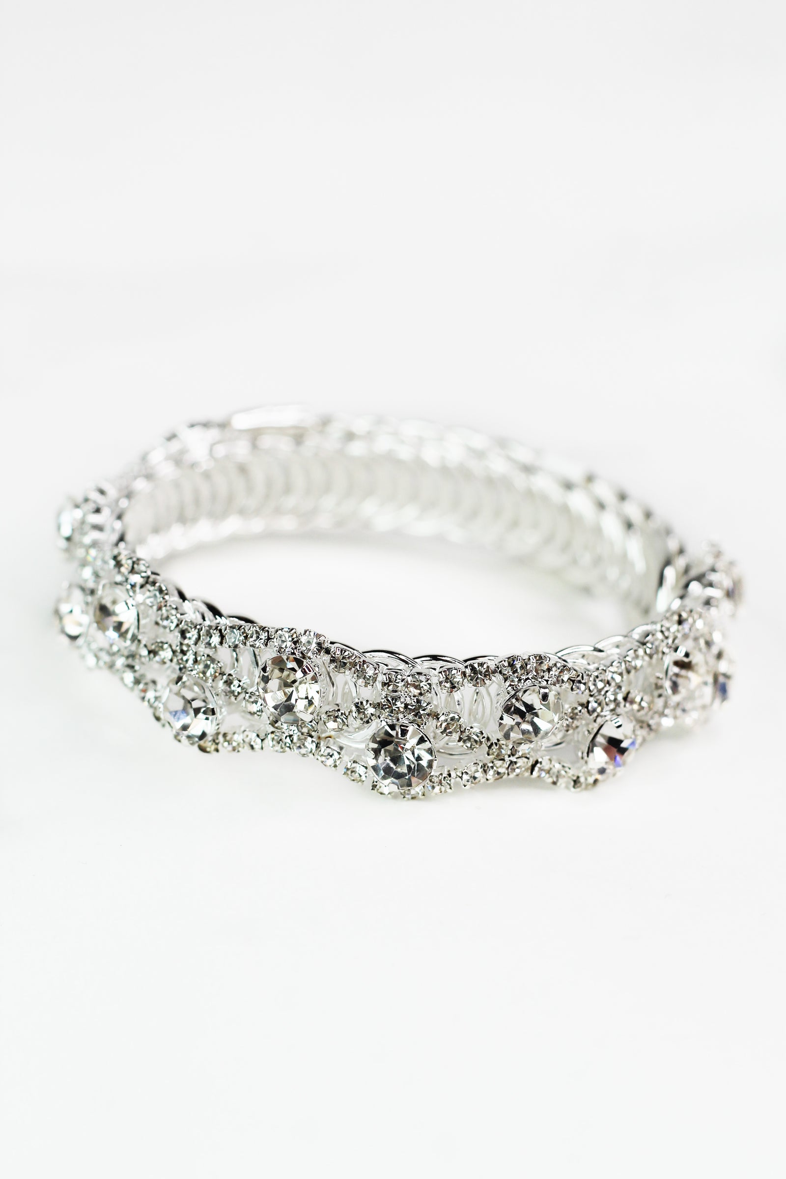 Wavy Lines & Round Rhinestones Coil Cuff Bracelet