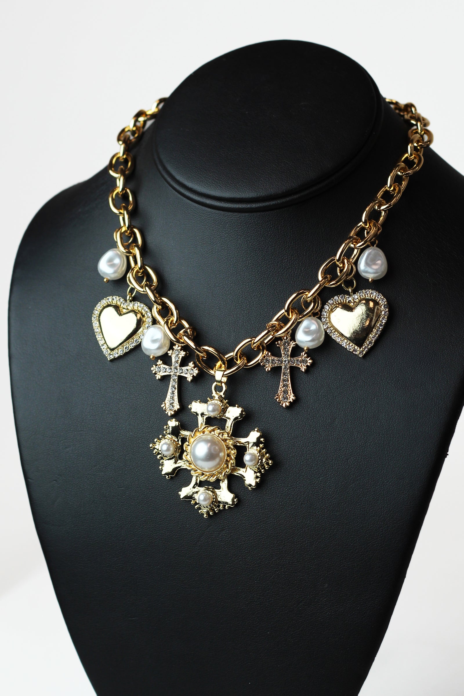 Pearl & Pave Accented Crosses & Hearts Charm Necklace