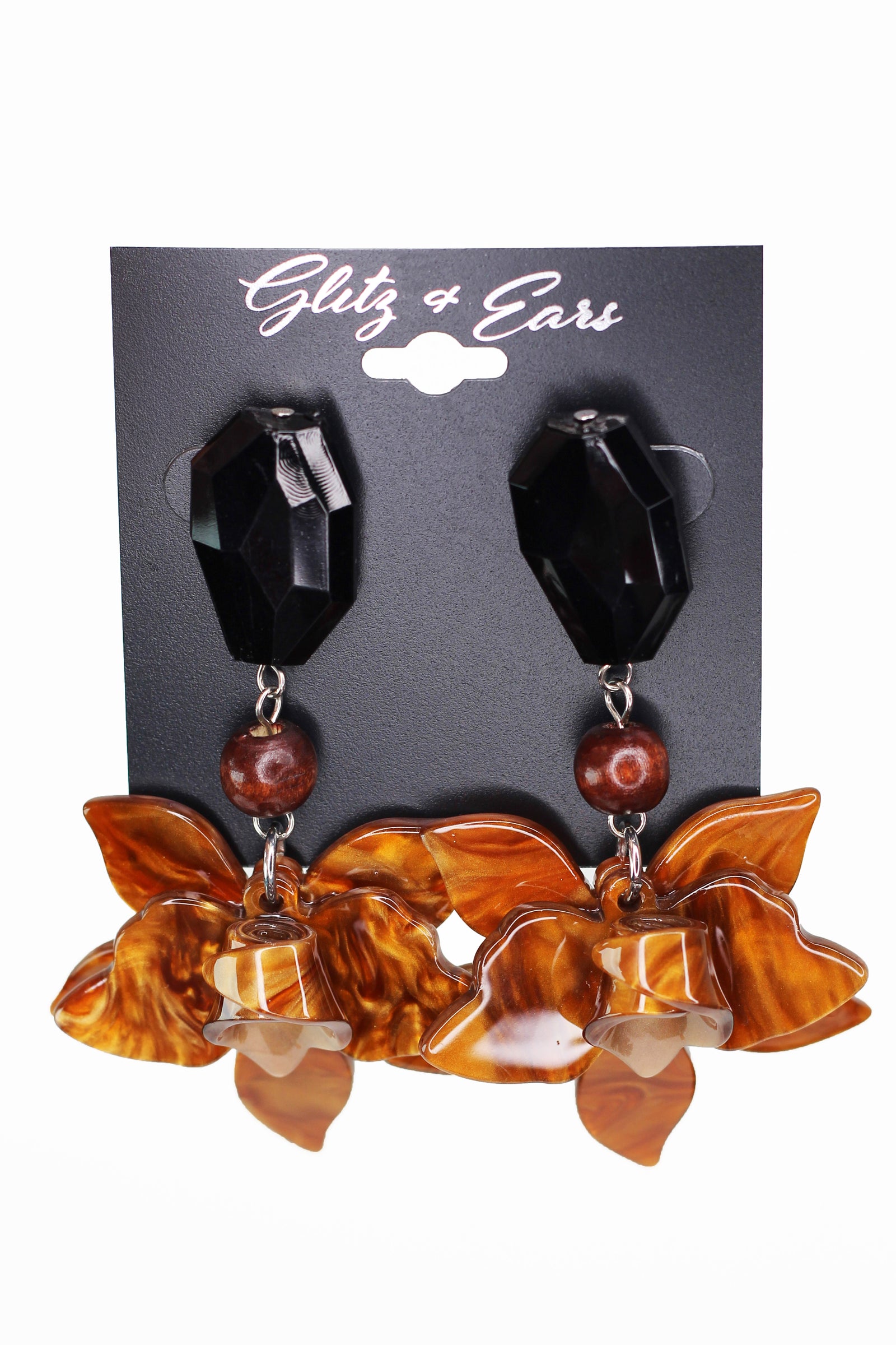 Dangling Stone Wood & Epoxy Flower Earrings