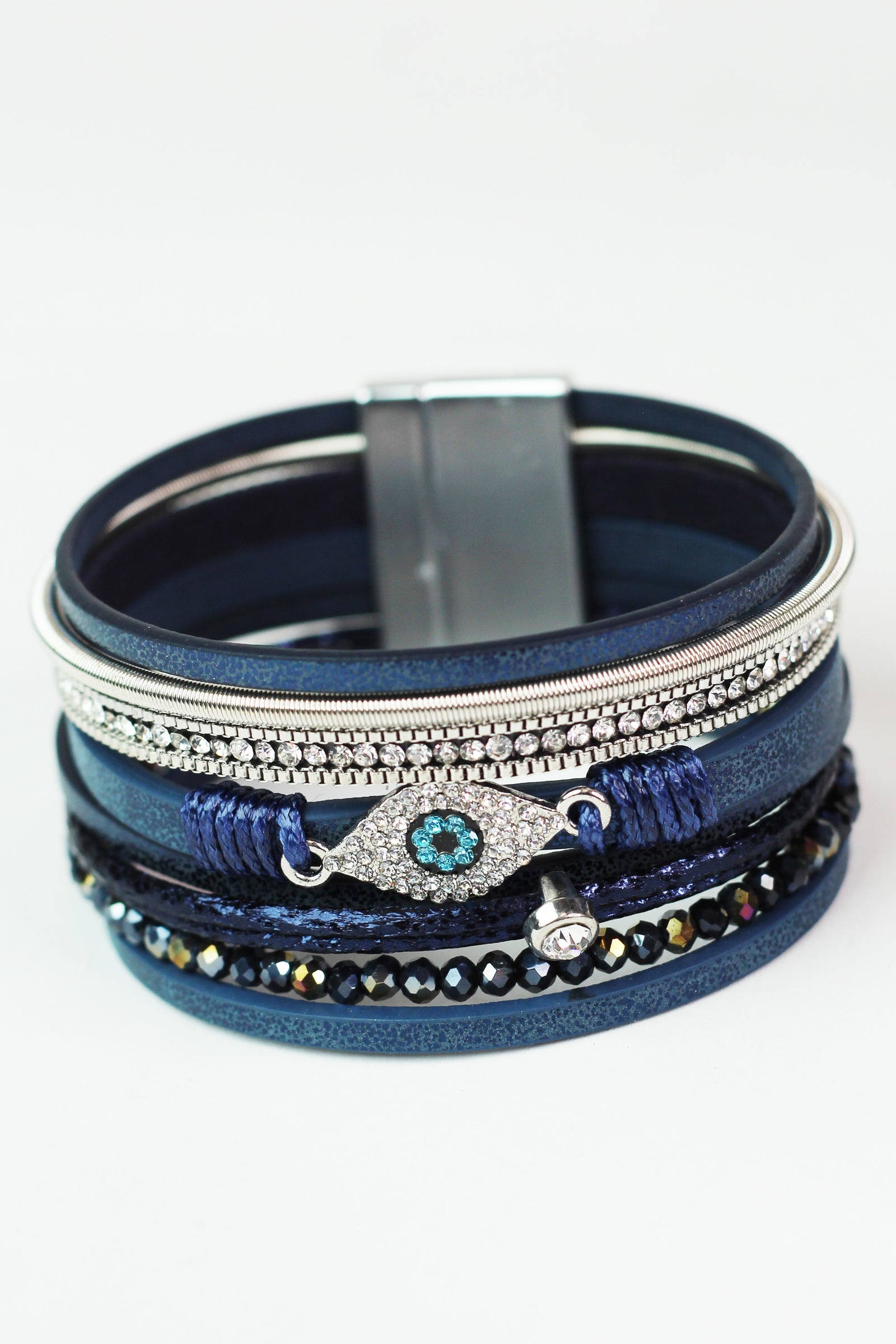 Wide Stones Beads & Strips & Pave Evil Eye Magnetic Bracelet