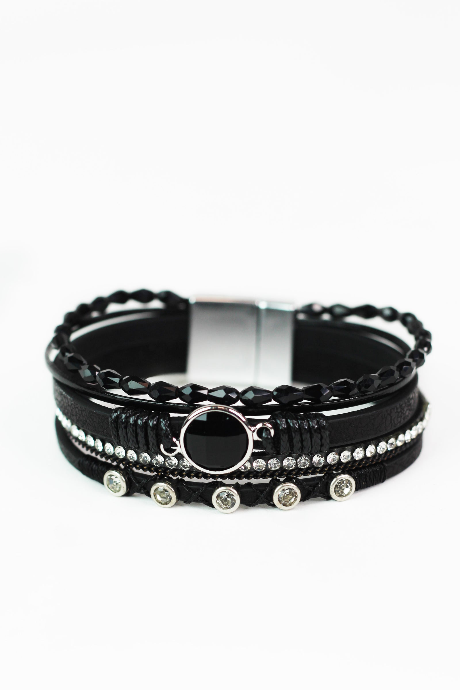 Thin Barrel Beads Stones Strips & Round Center Magnetic Bracelet