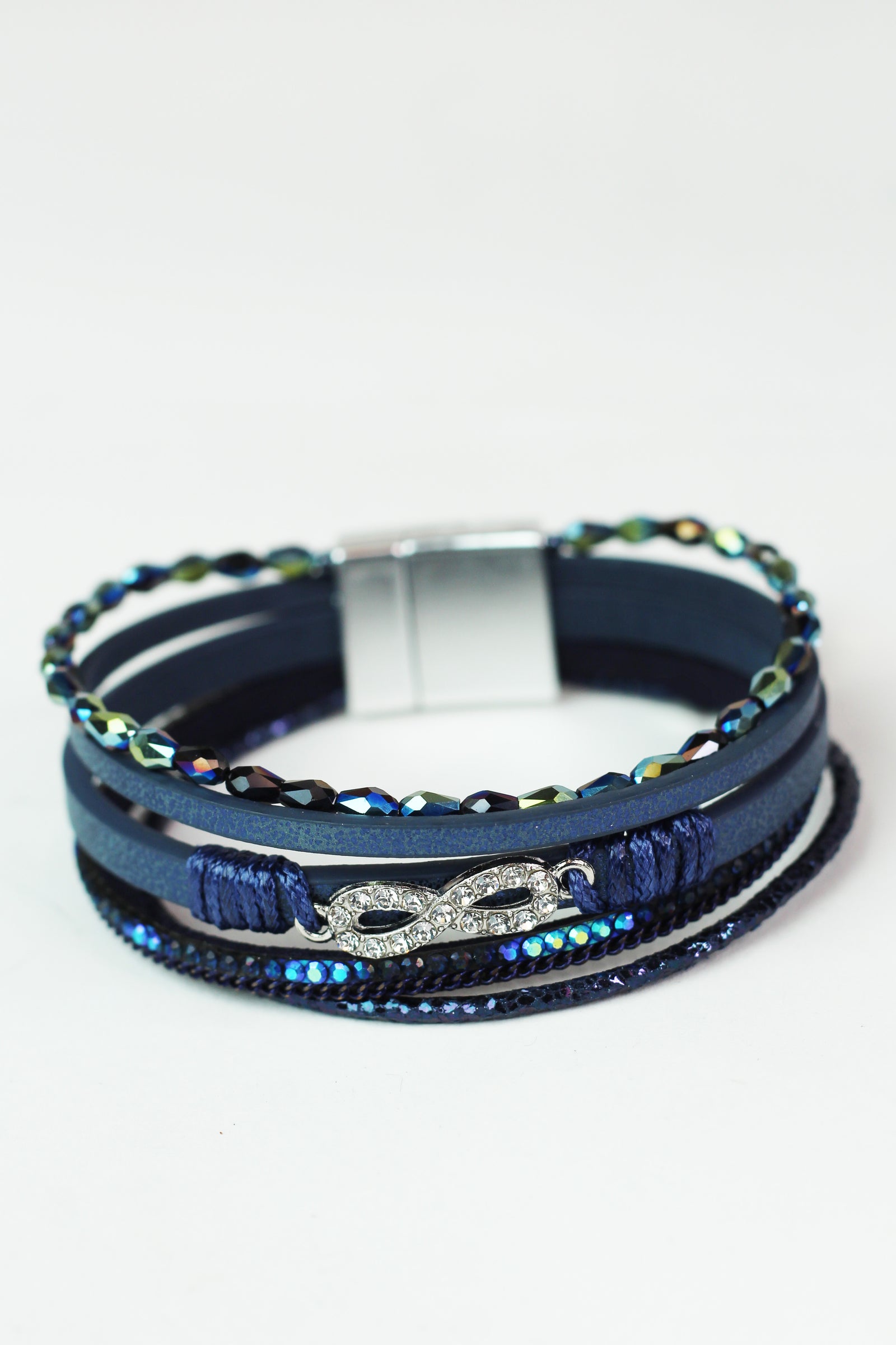 Thin Barrel Beads Stones Strips & Pave Infinity Magnetic Bracelet