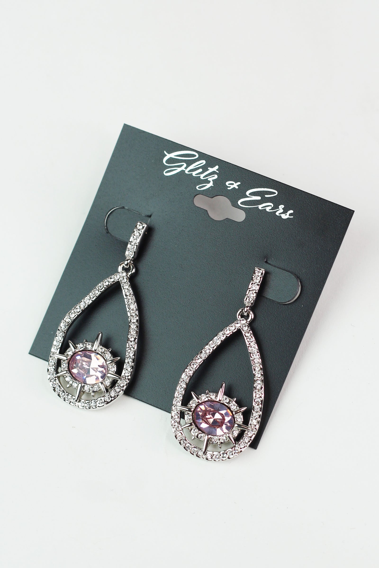 Rhinestone Open Teardrop & Inner Oval Burst Earrings