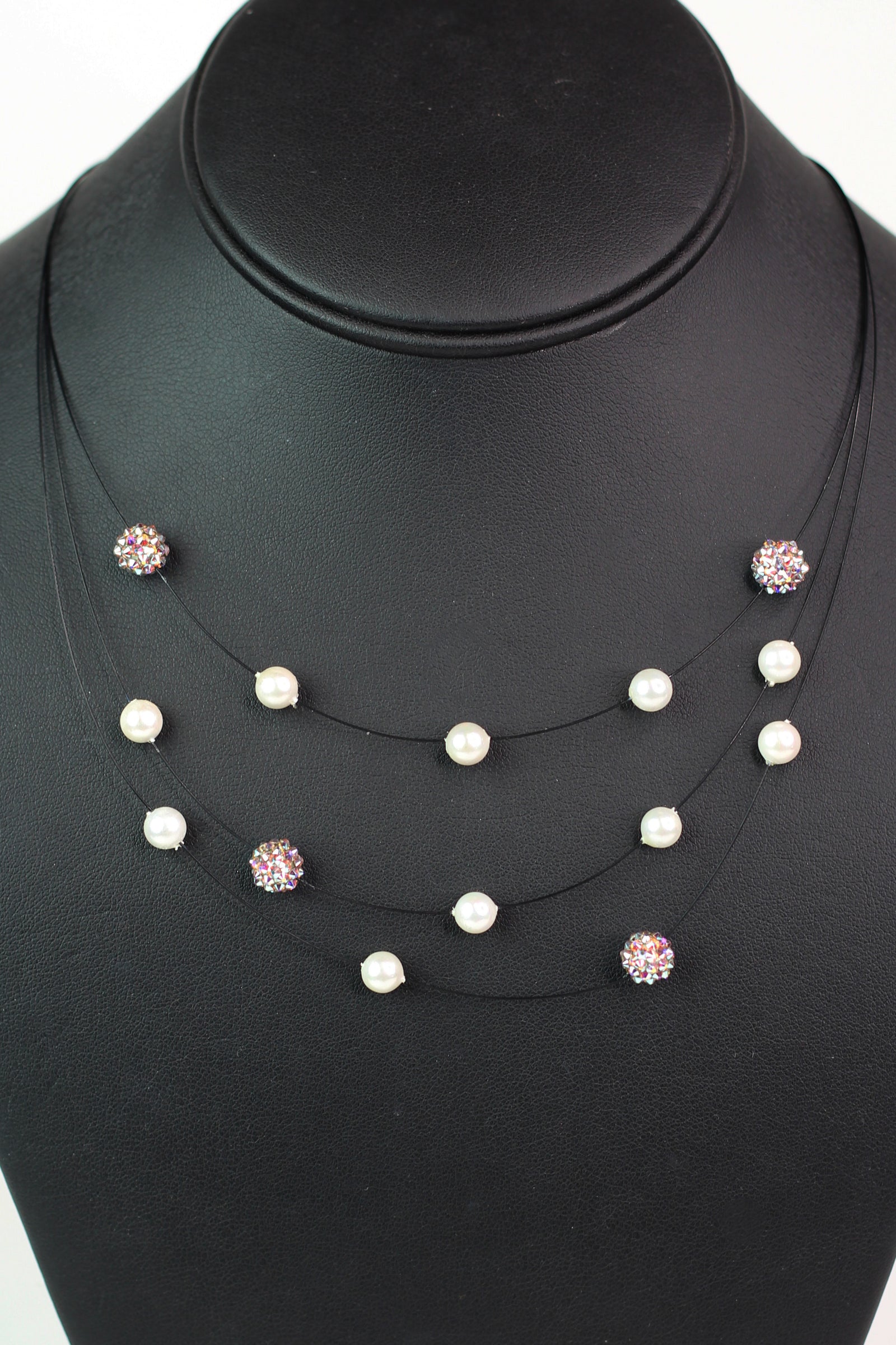3 Strand Wire Necklace w/ Spaced Pearls & Shambala Beads
