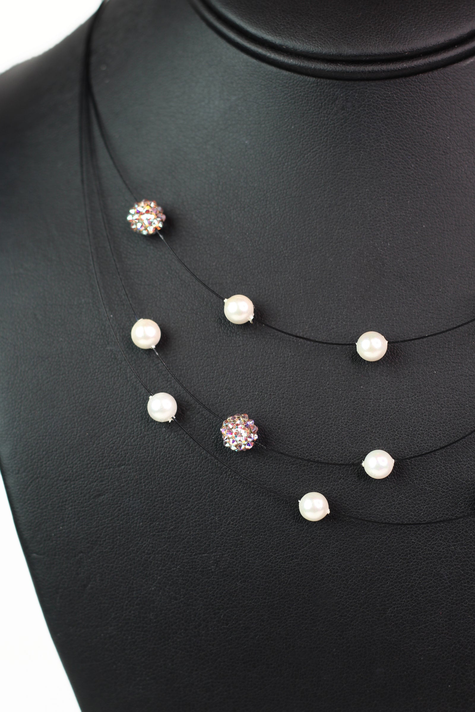 3 Strand Wire Necklace w/ Spaced Pearls & Shambala Beads
