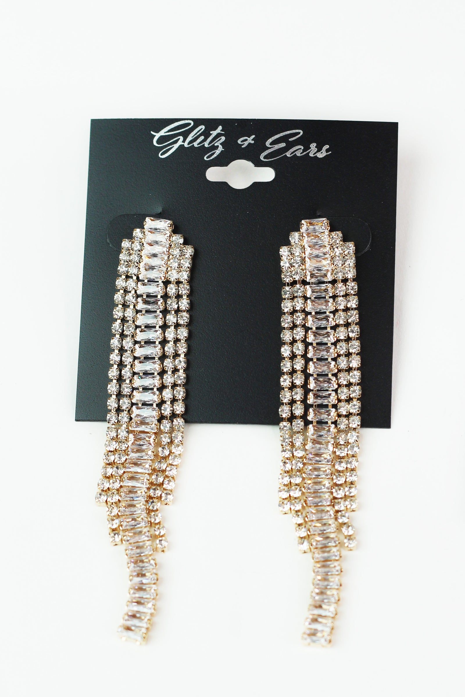 Rhinestone Dangles & Long Baguette Center Row Earrings