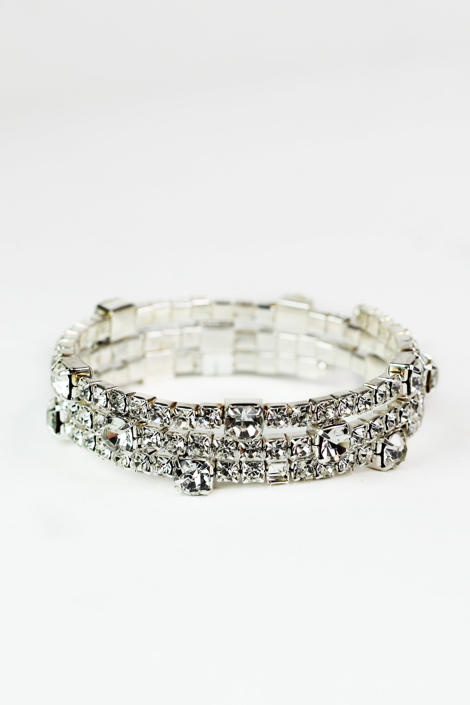 Spaced Sm & Lg Square Rhinestones 3 Row Coil Bracelet