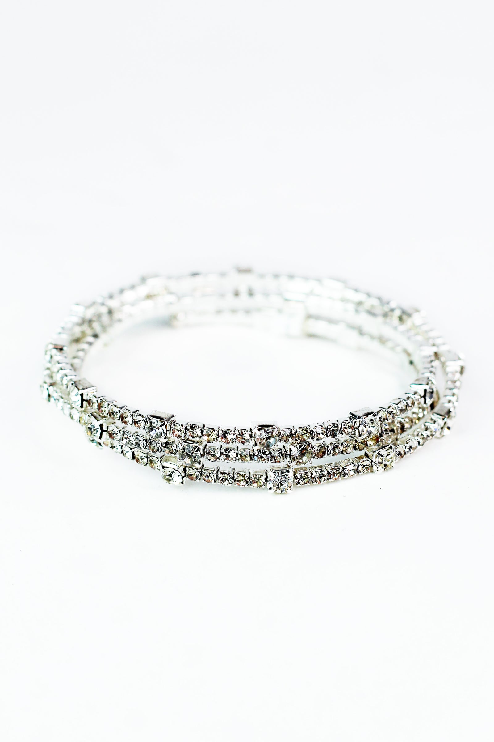Thin Spaced Sm & Med Square Rhinestones 3 Row Coil Bracelet