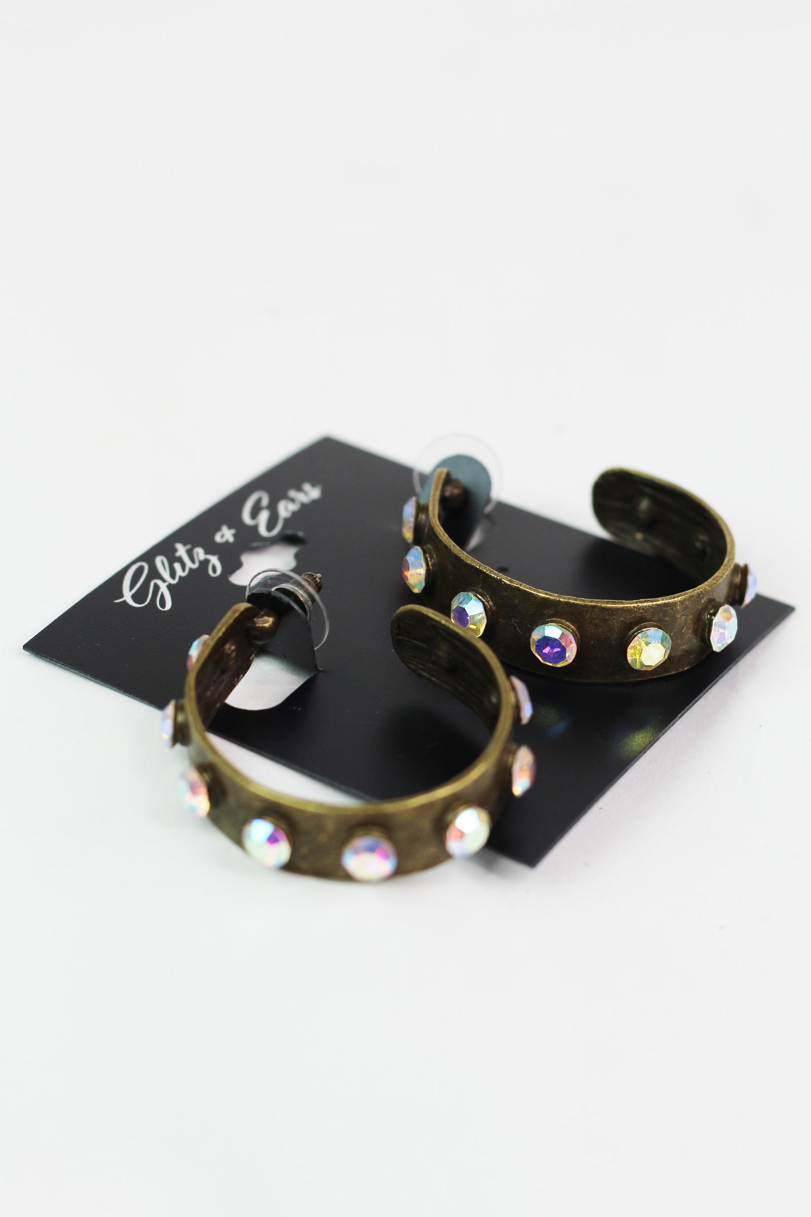 Antiqued Brass & Rhinestone Open Hoop Earrings