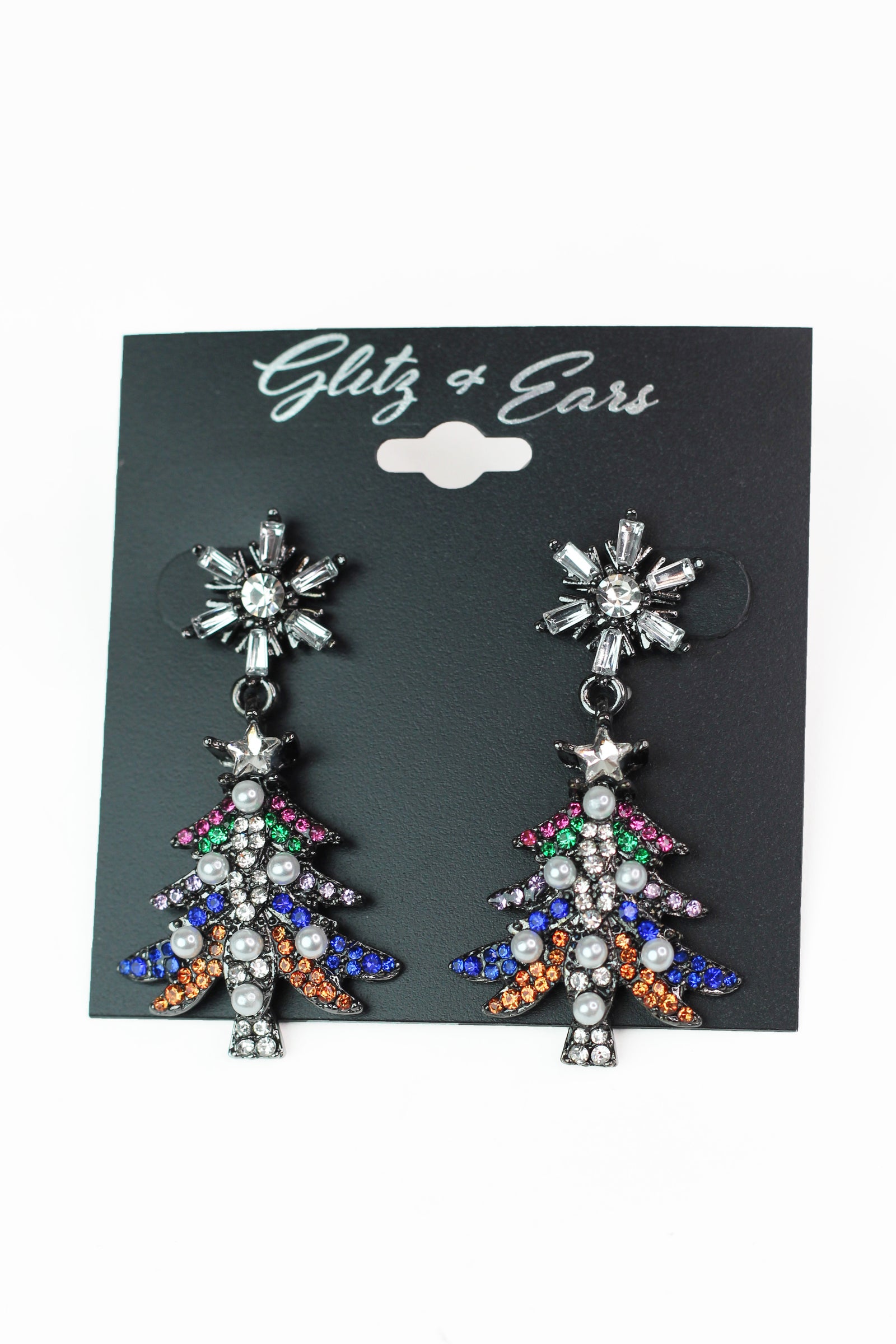 Stone & Pearl Christmas Tree & Baguette Snowflake Earrings
