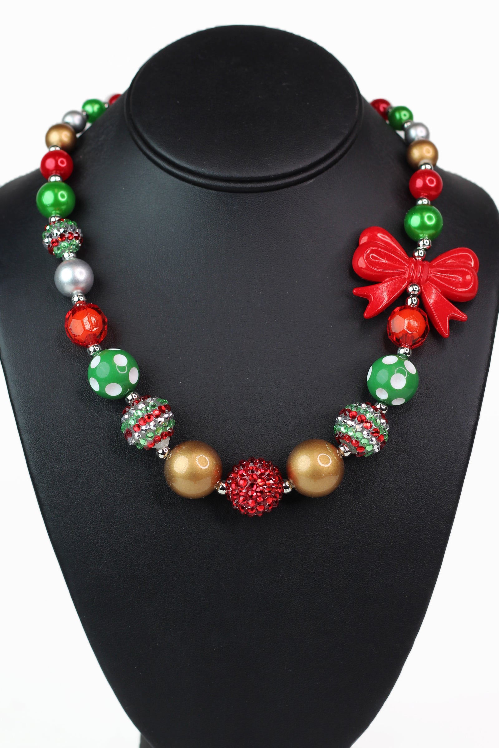 Christmas Bow & Multicolor Bead Necklace