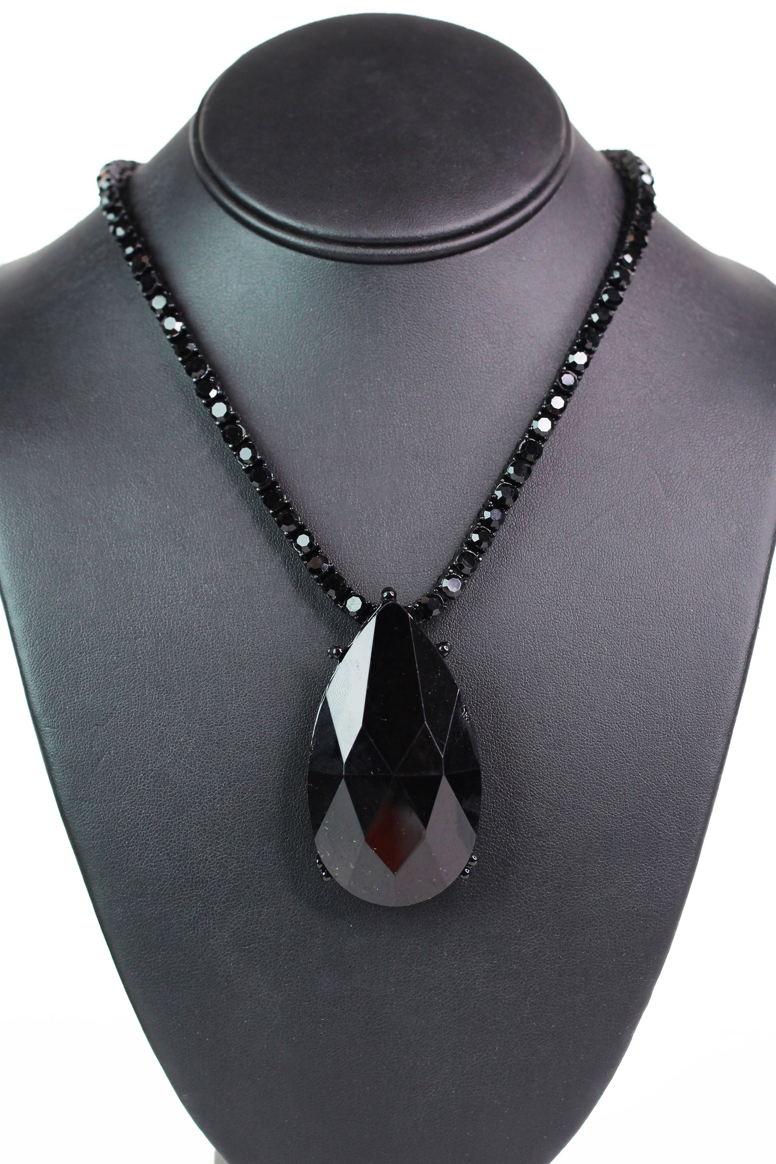Rhinestone Tennis Necklace w/ Large Teardrop Stone Pendant