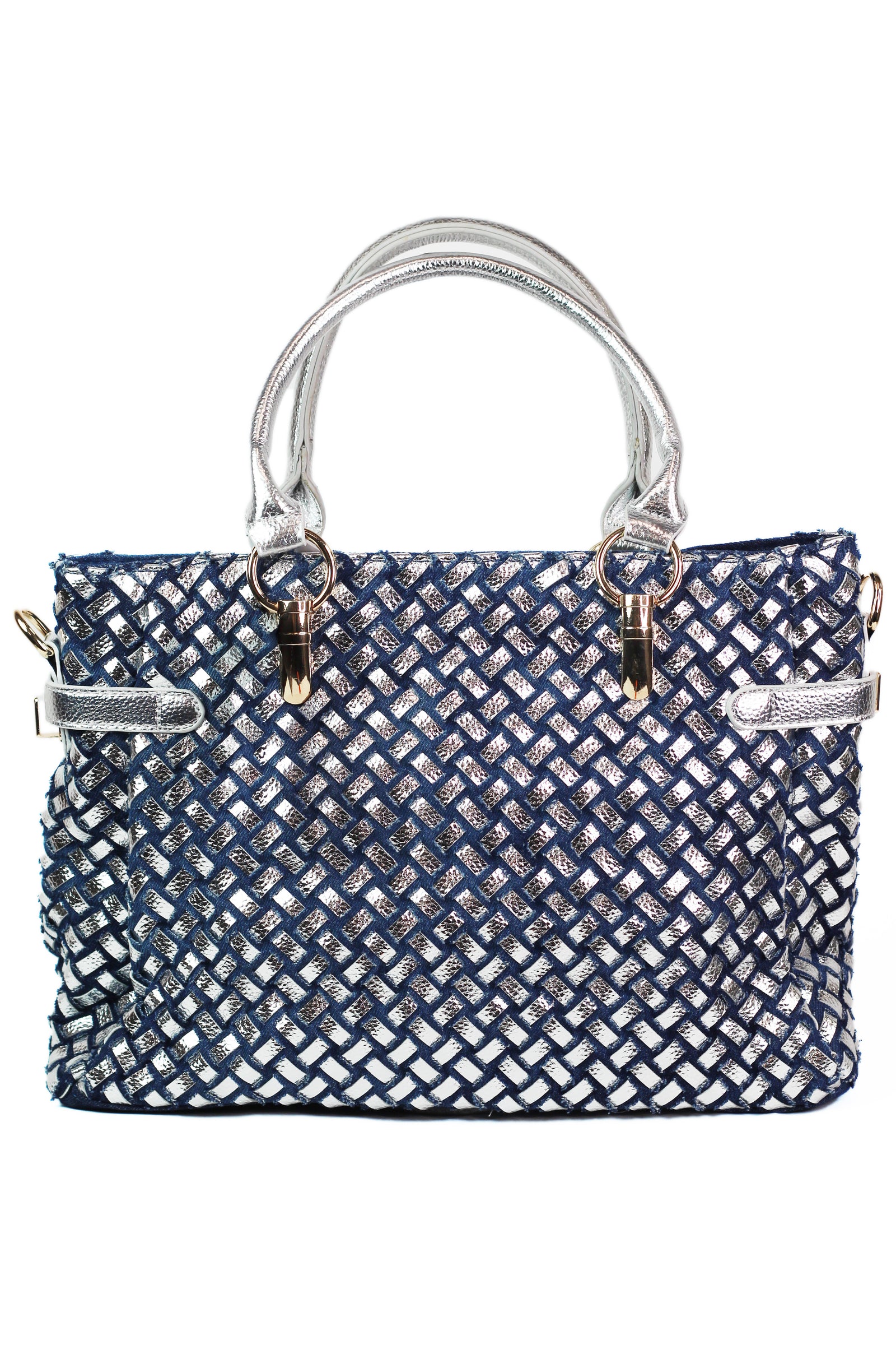 Denim & Woven Purse w/ Stone Circles & Lock Strap
