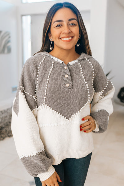 Hooded Button Down Sweater with Pearls (SALE)