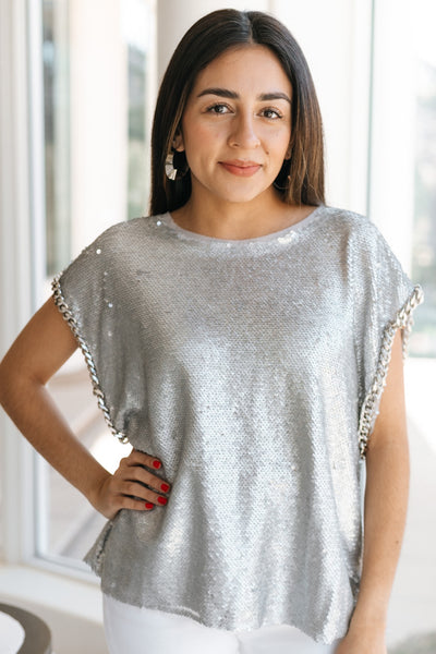 Boat Neck Sequin Top with Chain Trim (SALE)