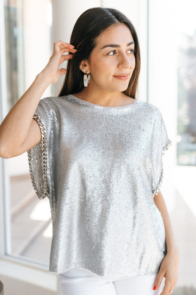 Boat Neck Sequin Top with Chain Trim (SALE)