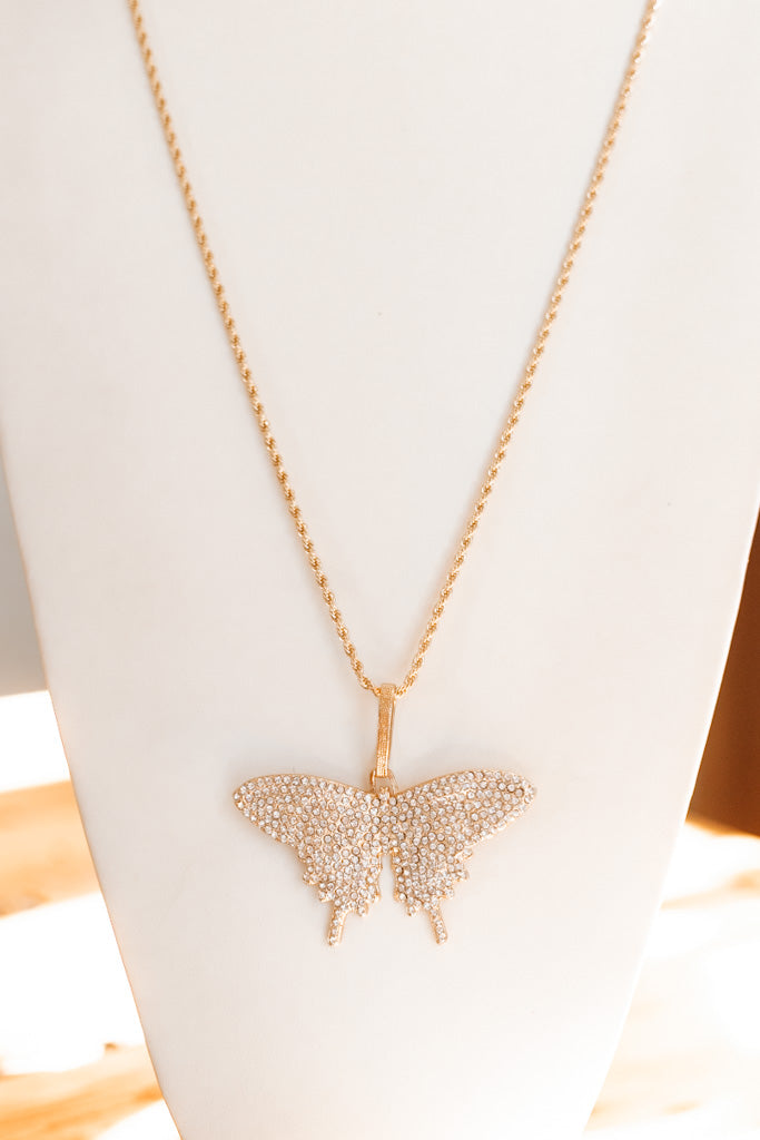 Long Rhinestone Butterfly Pendant Necklace