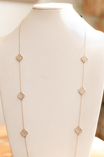 Thin Long Multi Rhinestone Clover Necklace