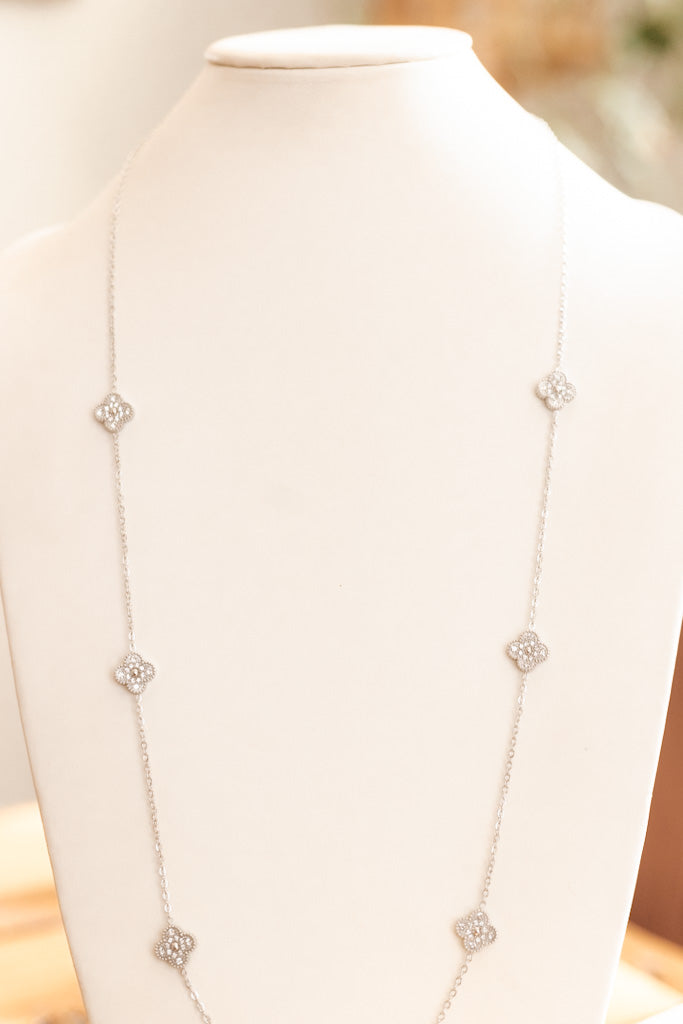 Rhinestone Spaced Clovers Long Chain Necklace