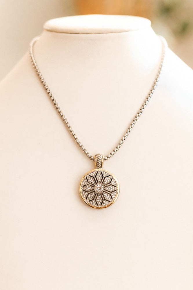 Circle Pave Rhinestone Flower Pendant Necklace