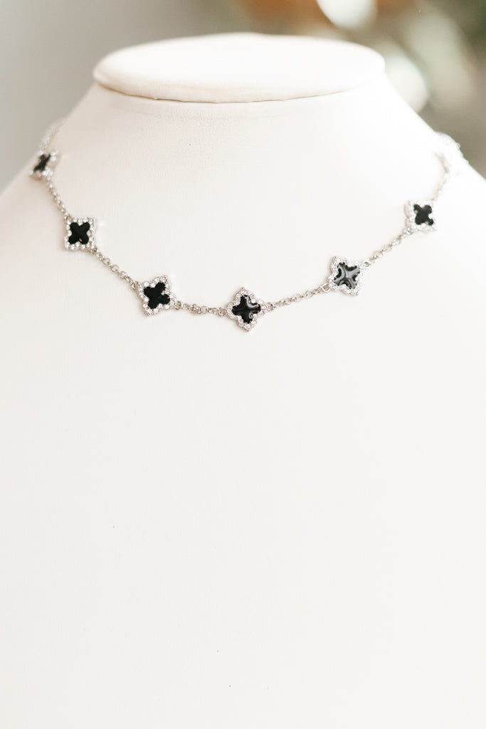 Spaced Rhinestone Trim Small Clover Chain Necklace