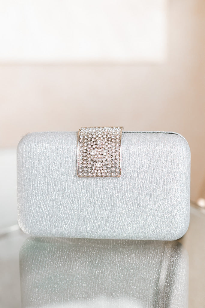 Shimmery Clutch With Snap Over Rhinestone Clutch