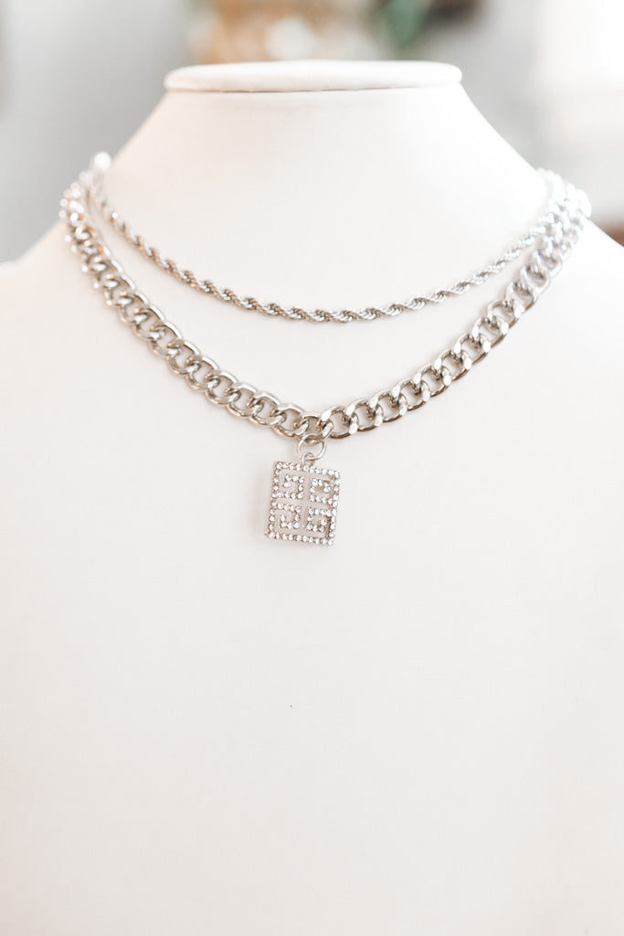 Double Chain & Size Rhinestone Greek Pattern Pendant Necklace