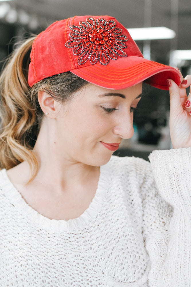 Rhinestone Flower Ponytail Baseball Hat