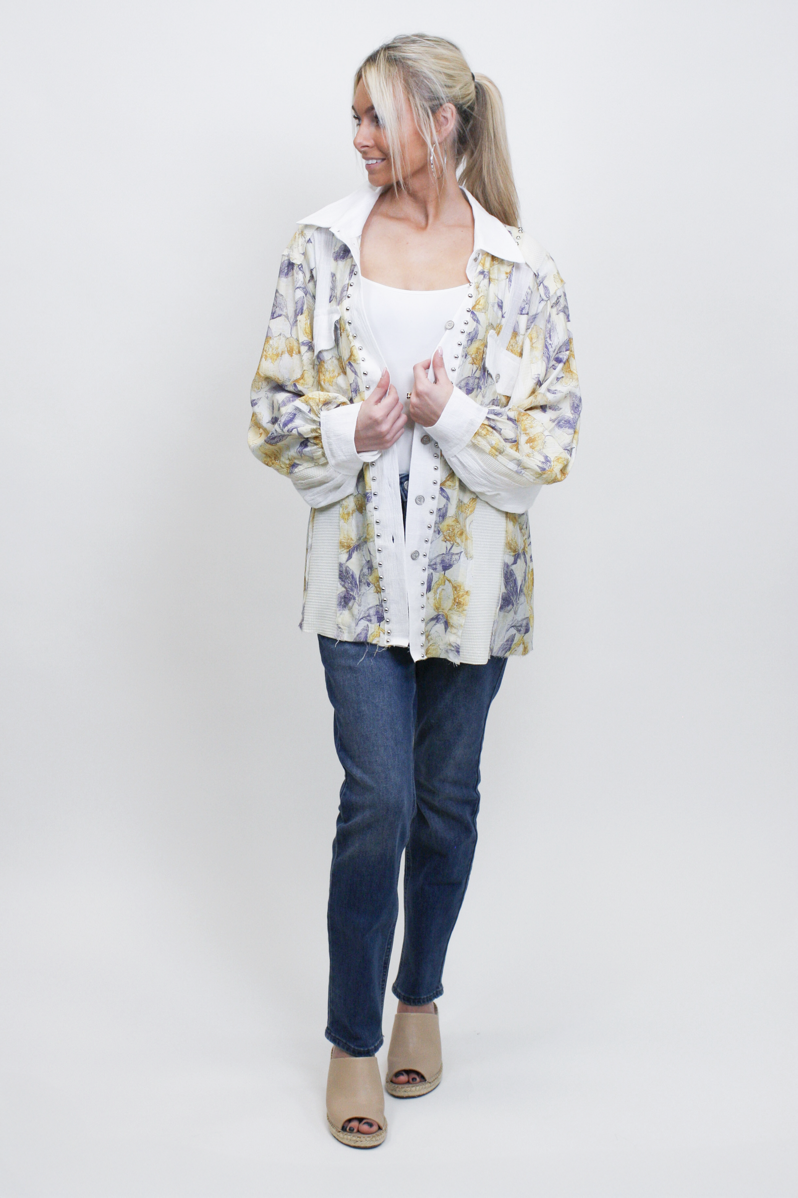 Mixed Print Button Down Shirt w/ Stud Embellishments (SALE)