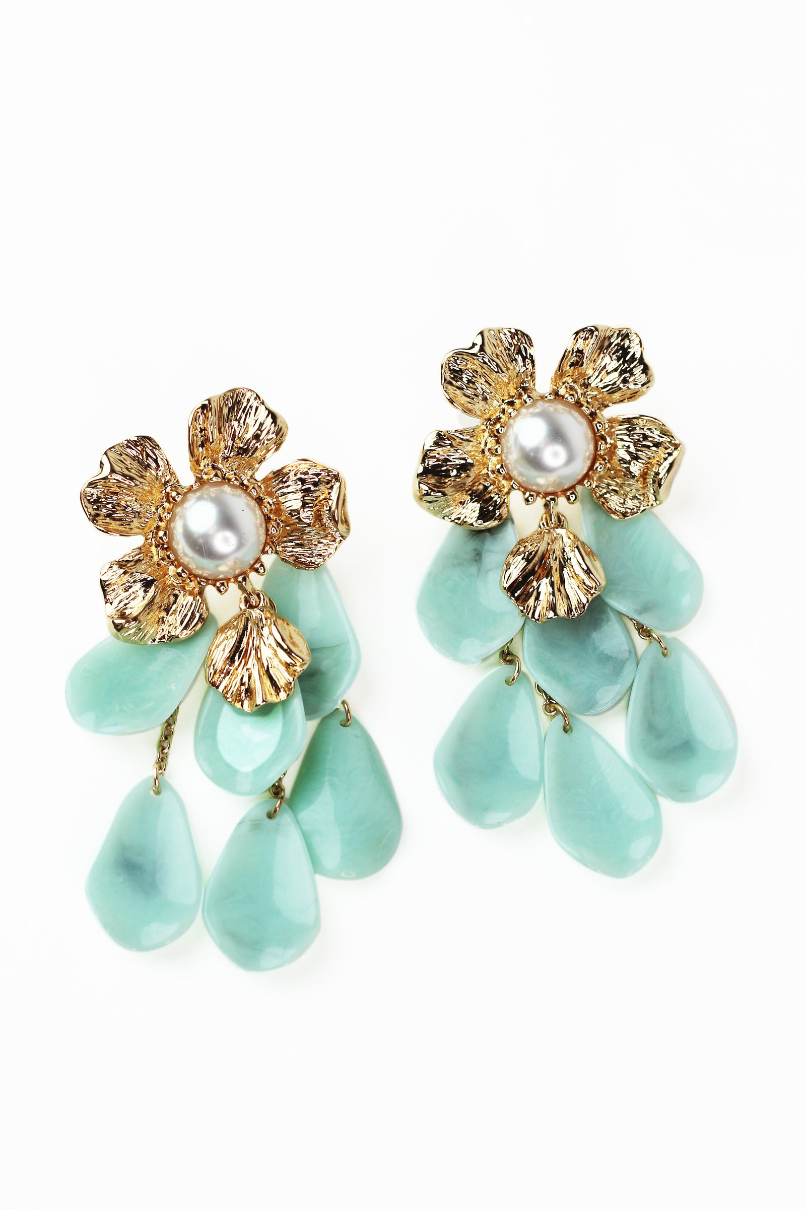 Gold Flower w/ Pearl Center & Dangling Petals Earrings