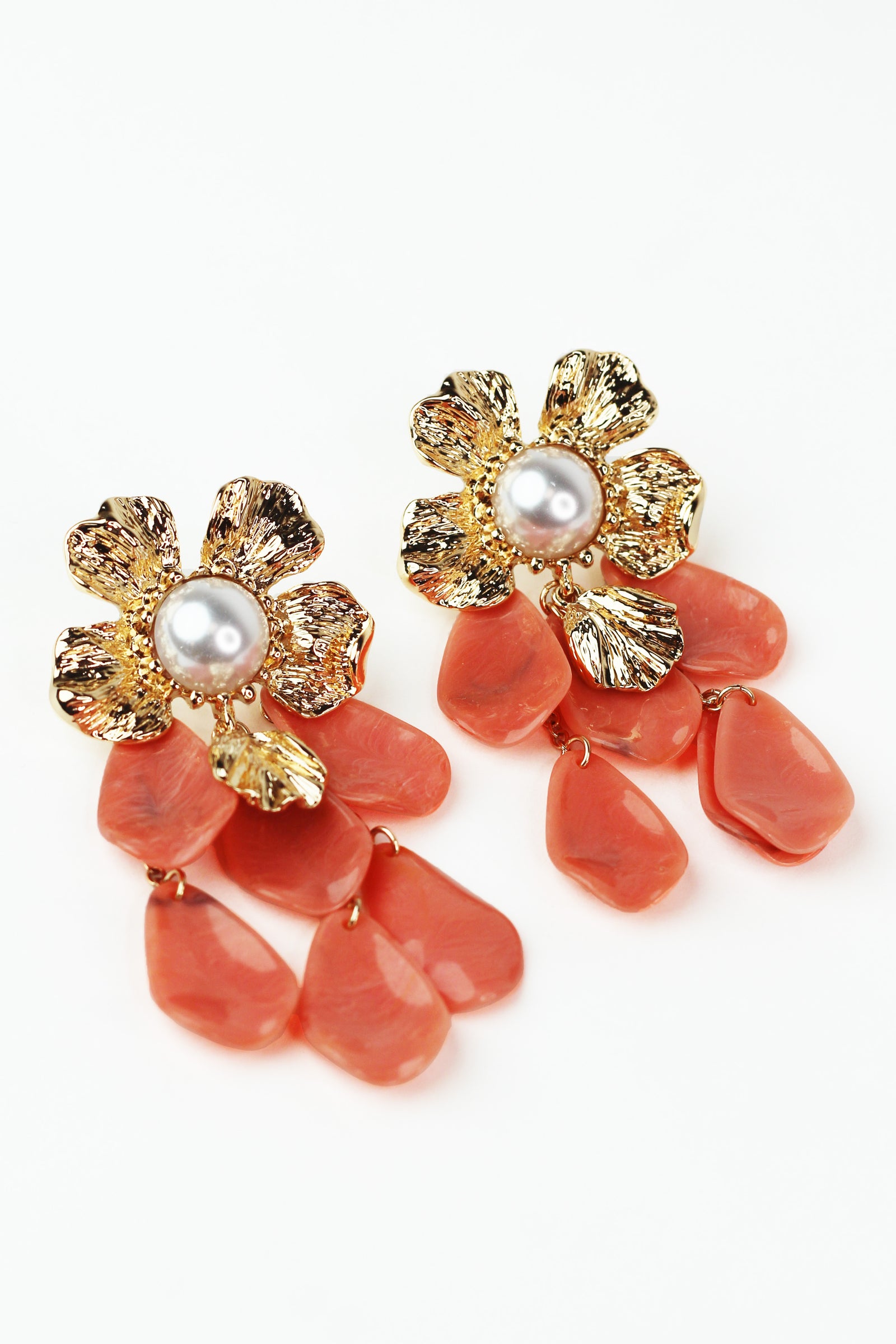Gold Flower w/ Pearl Center & Dangling Petals Earrings