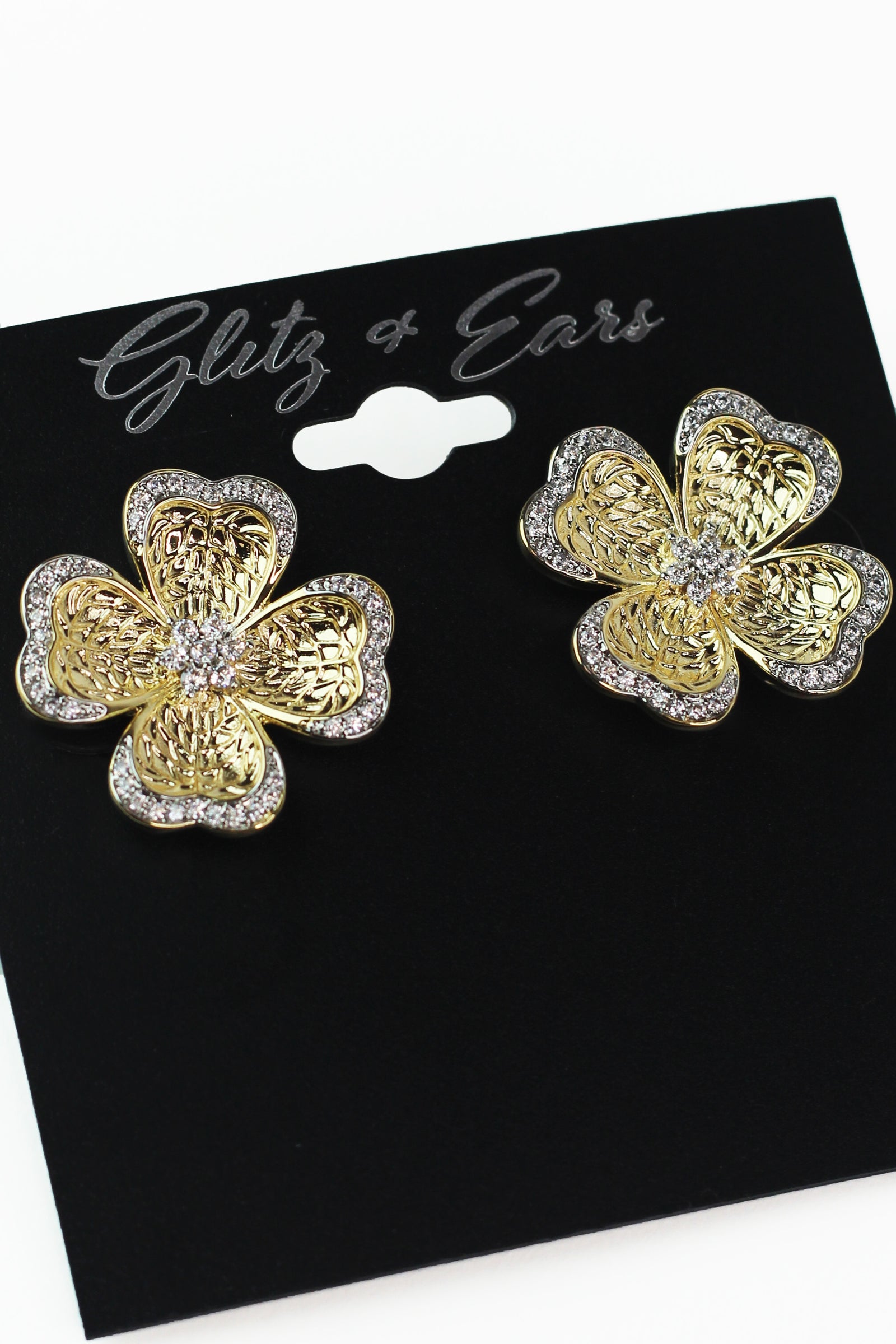 4 Leaf Clover Stud Earrings w/ Pave Trim