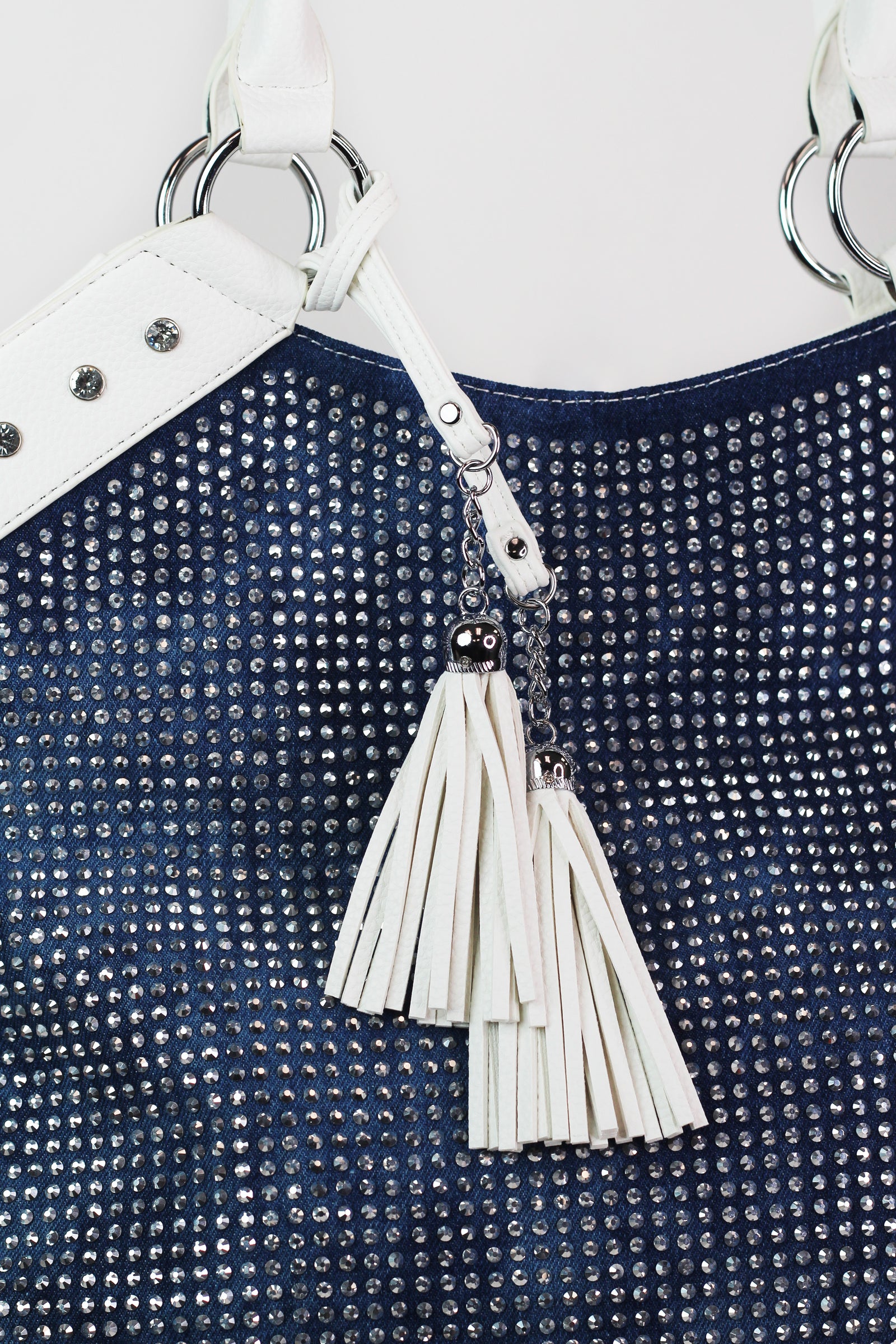 Rhinestone Front Denim V Top Purse w/ Tassels & Double Strap