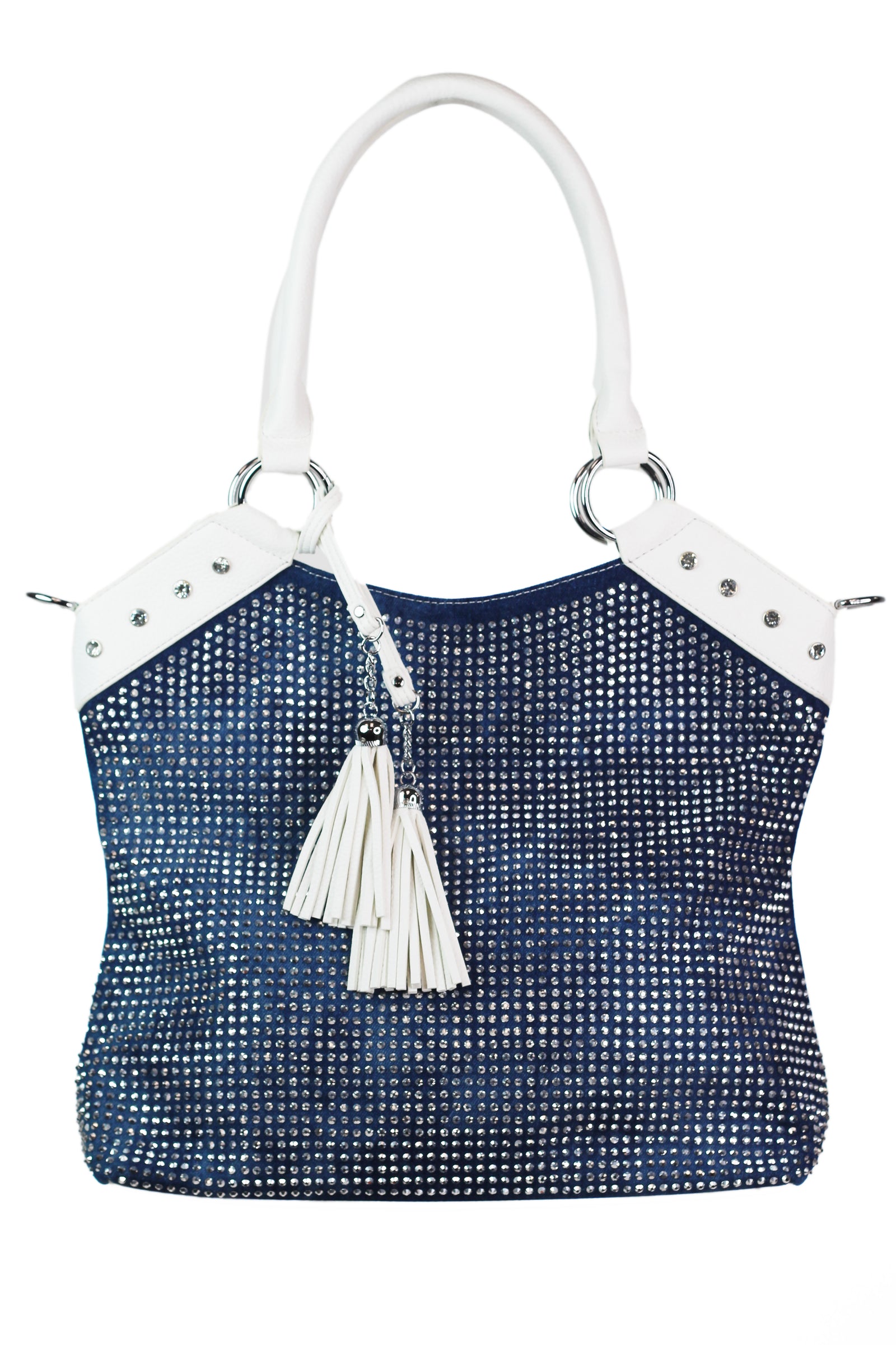 Rhinestone Front Denim V Top Purse w/ Tassels & Double Strap