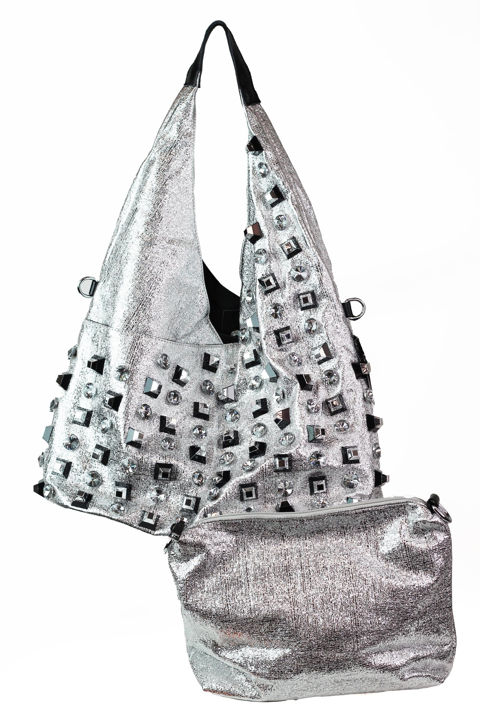 Metallic Shoulder Bag w/ Chunky Rhinestones & Studs