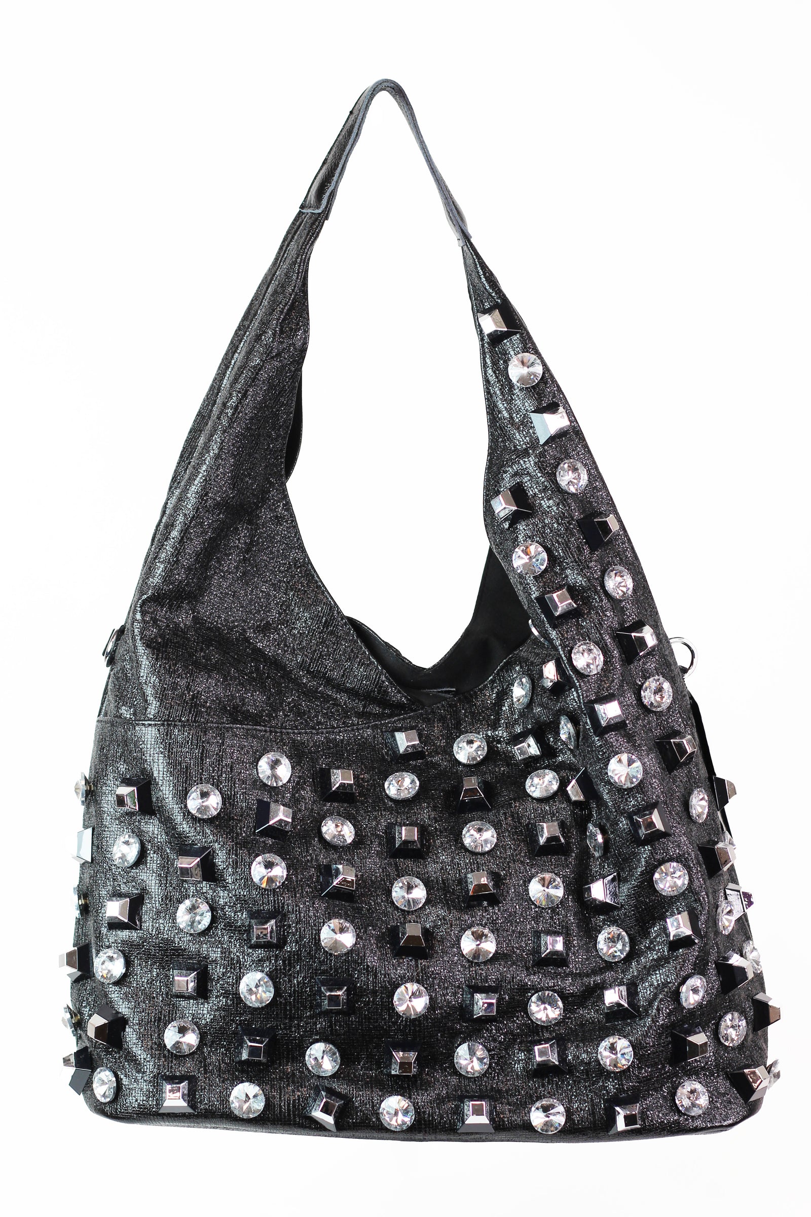 Metallic Shoulder Bag w/ Chunky Rhinestones & Studs