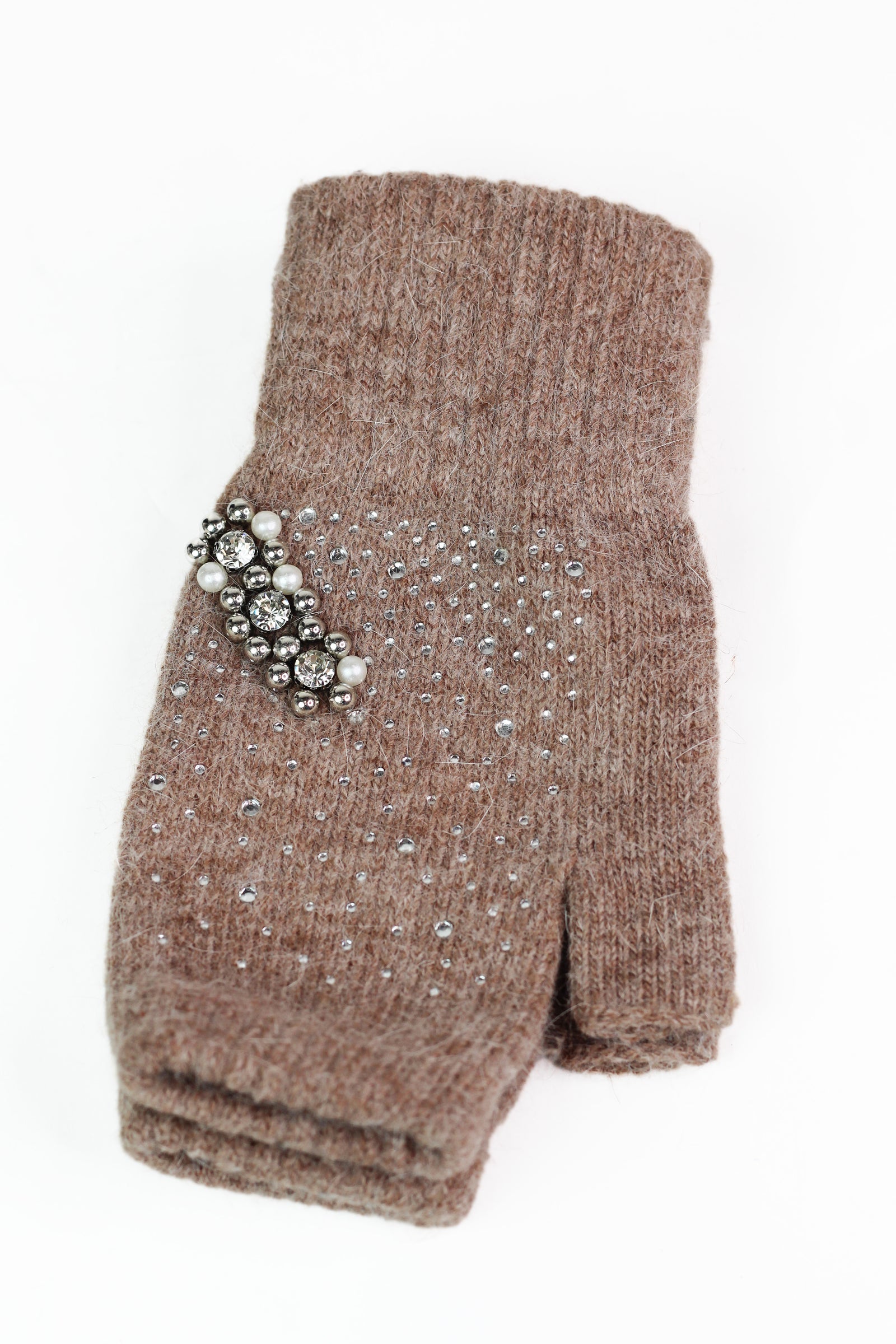 Fingerless Gloves w/ Scattered Rhinestones & Pearl Cluster