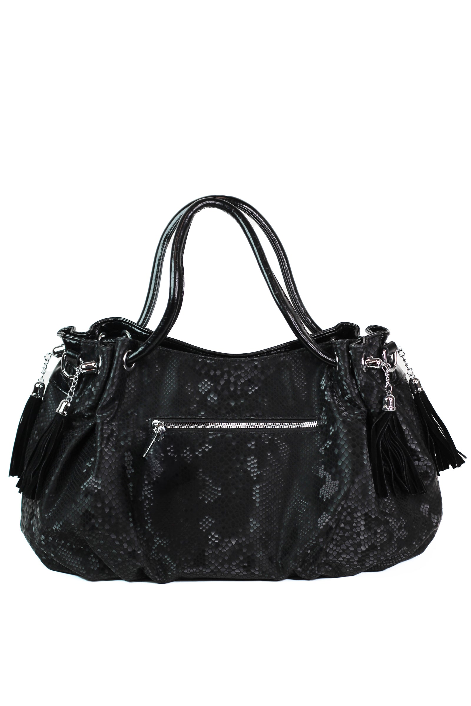 Faux Snakeskin Purse w/ Large Stone Accents & Side Tassels