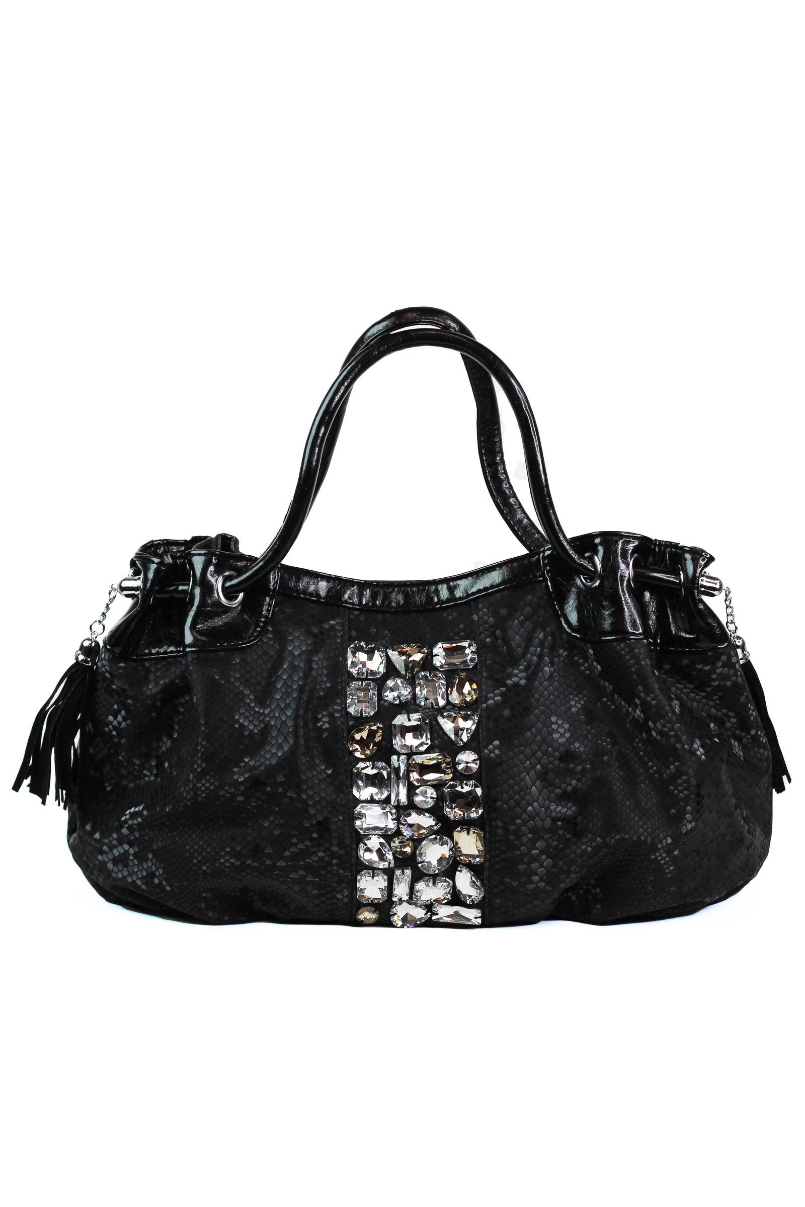 Faux Snakeskin Purse w/ Large Stone Accents & Side Tassels