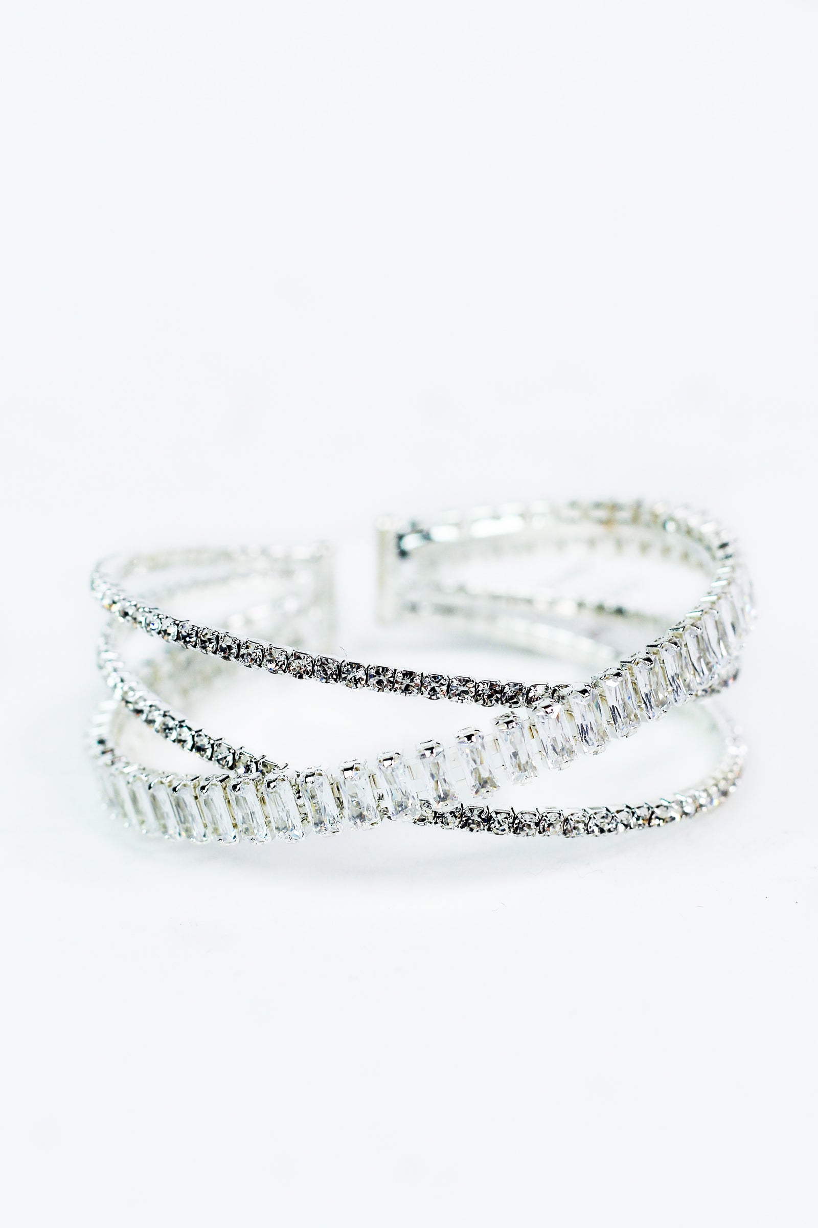 3 Row Rhinestone & Baguette Crisscross Bracelet