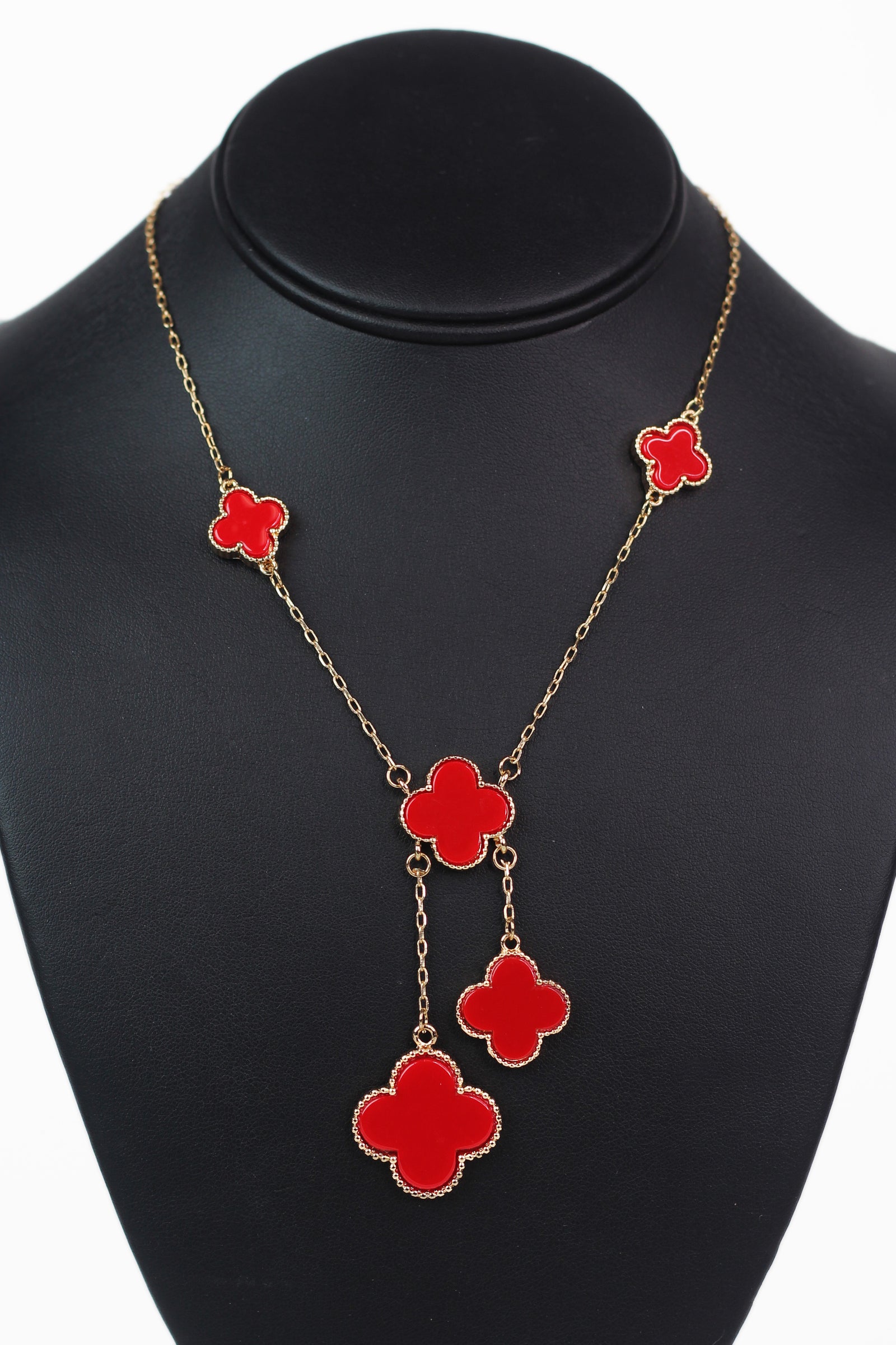 Dainty Chain Multi size Clover Necklace w/ Double Dangle Clovers