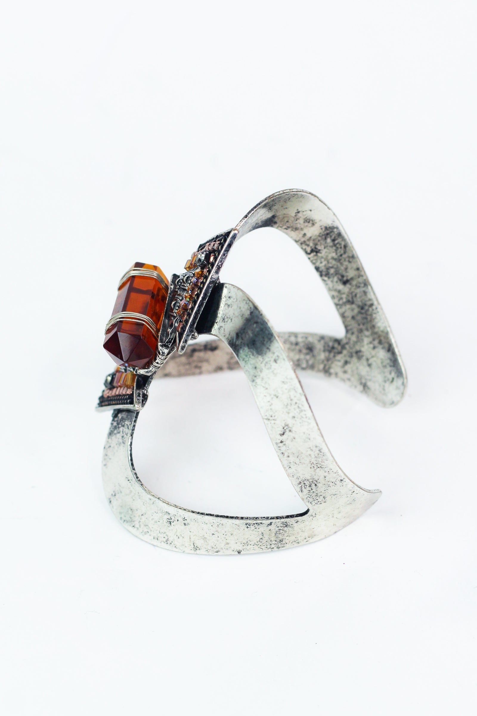 Metal Cuff w/ Crystal Center Rhinestone & Metal Beading Triangle Design