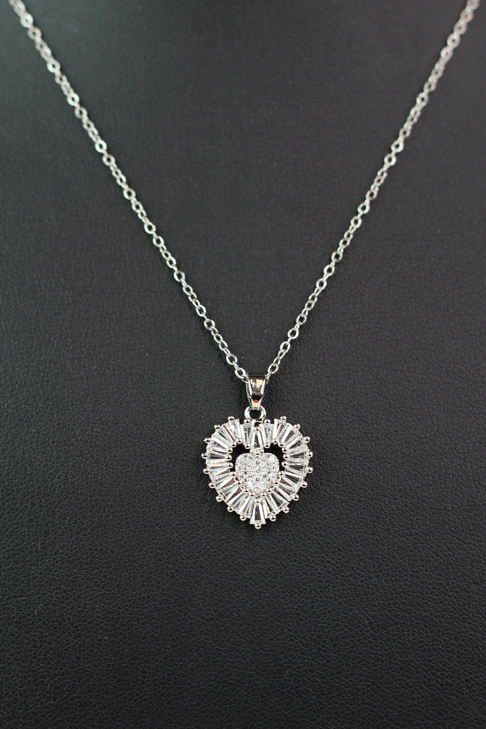 Baguette Trim Pave Middle Heart Necklace