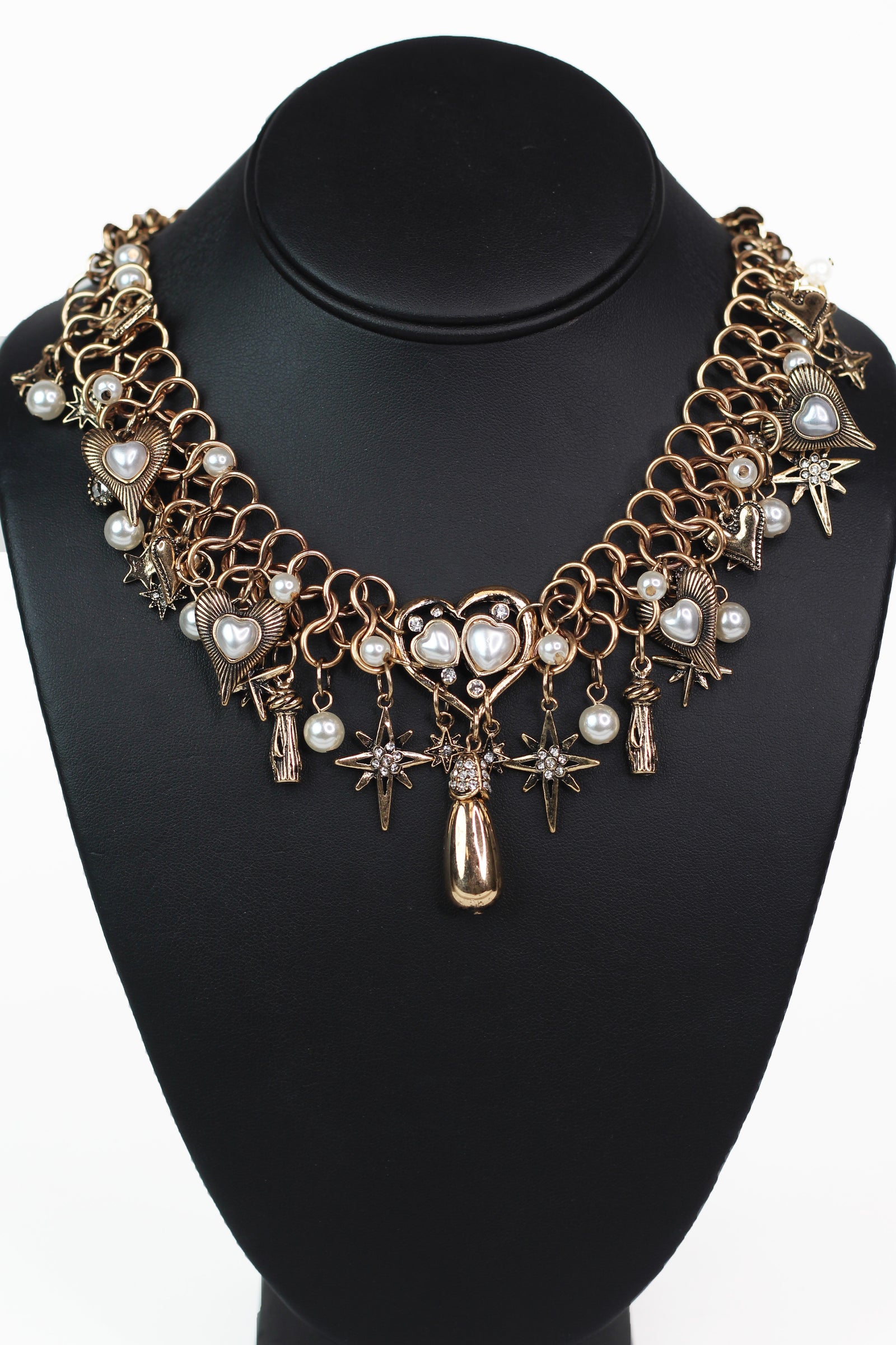 Dangling Hearts Pearls & Stars Rhinestone Pearl accent Necklace