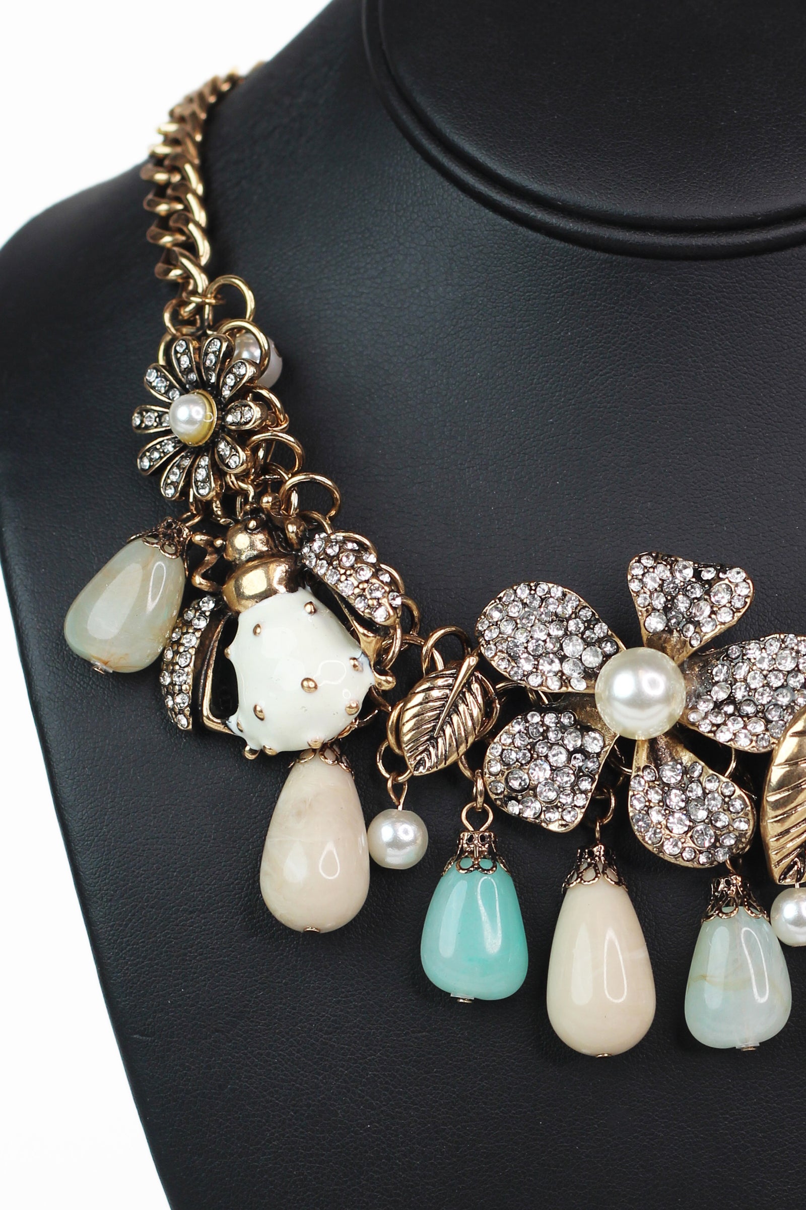 Rhinestone & Pearl Accent Flower Leaf Ladybug & Stone Dangling Charmed Necklace