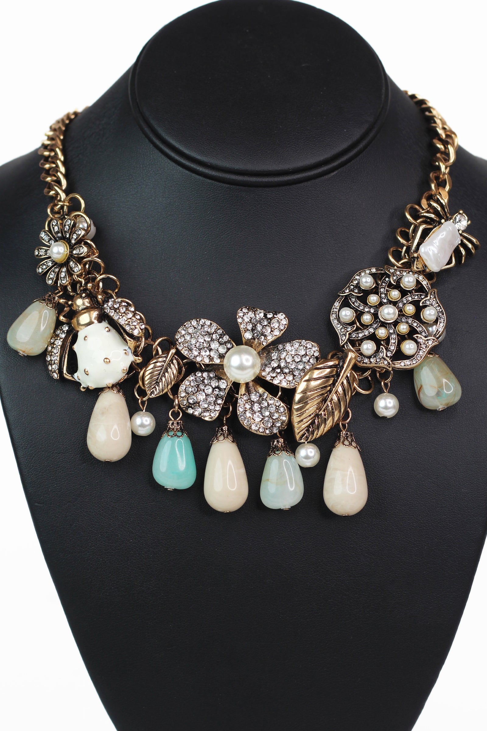 Rhinestone & Pearl Accent Flower Leaf Ladybug & Stone Dangling Charmed Necklace