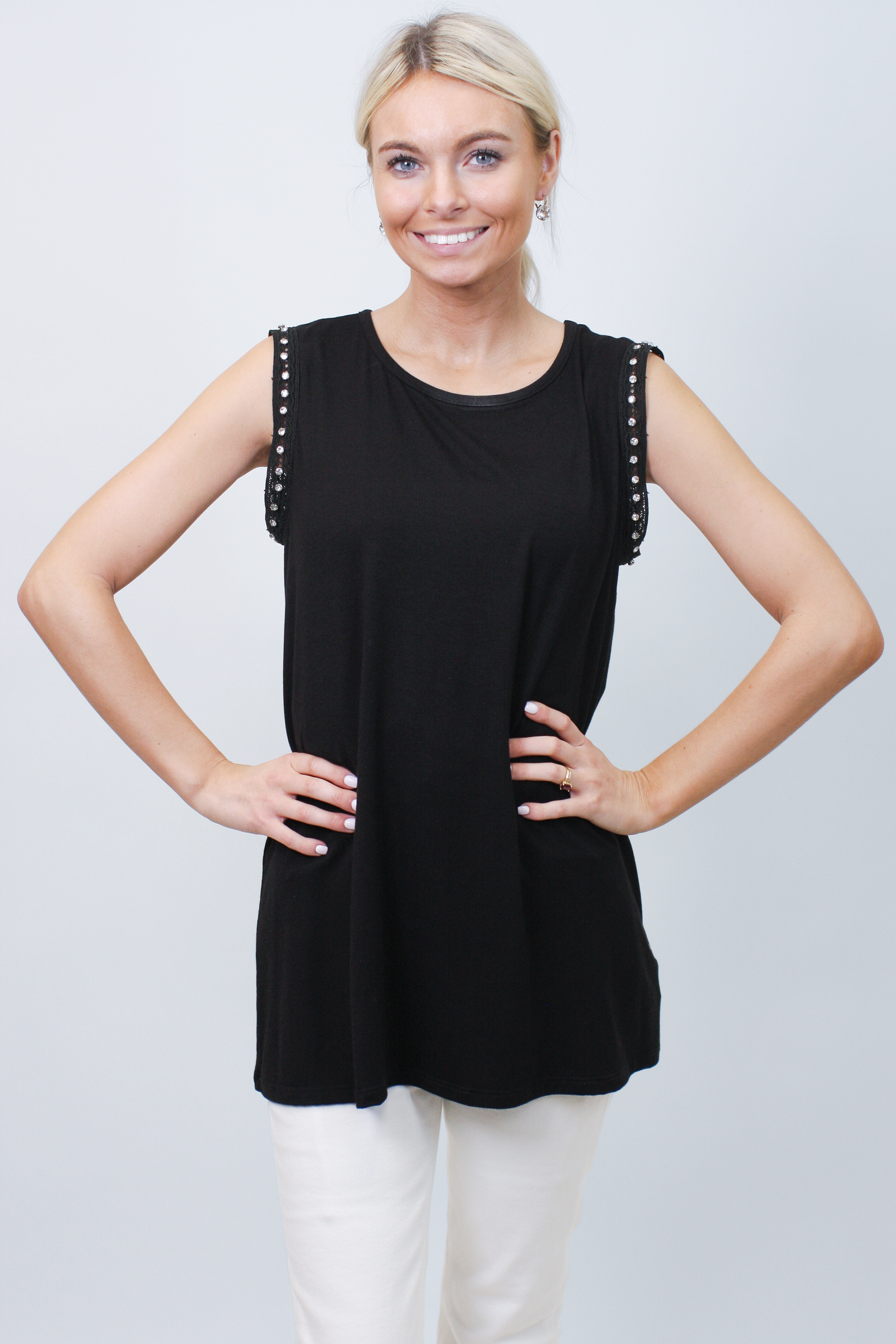Sleeveless Top w/ Lace & Rhinestone Armhole Trim