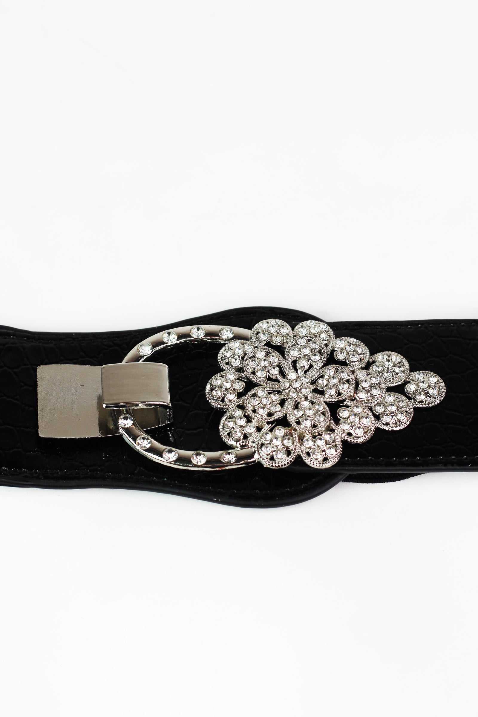 Rhinestone Flower & Loop Faux Leather & Elastic Belt