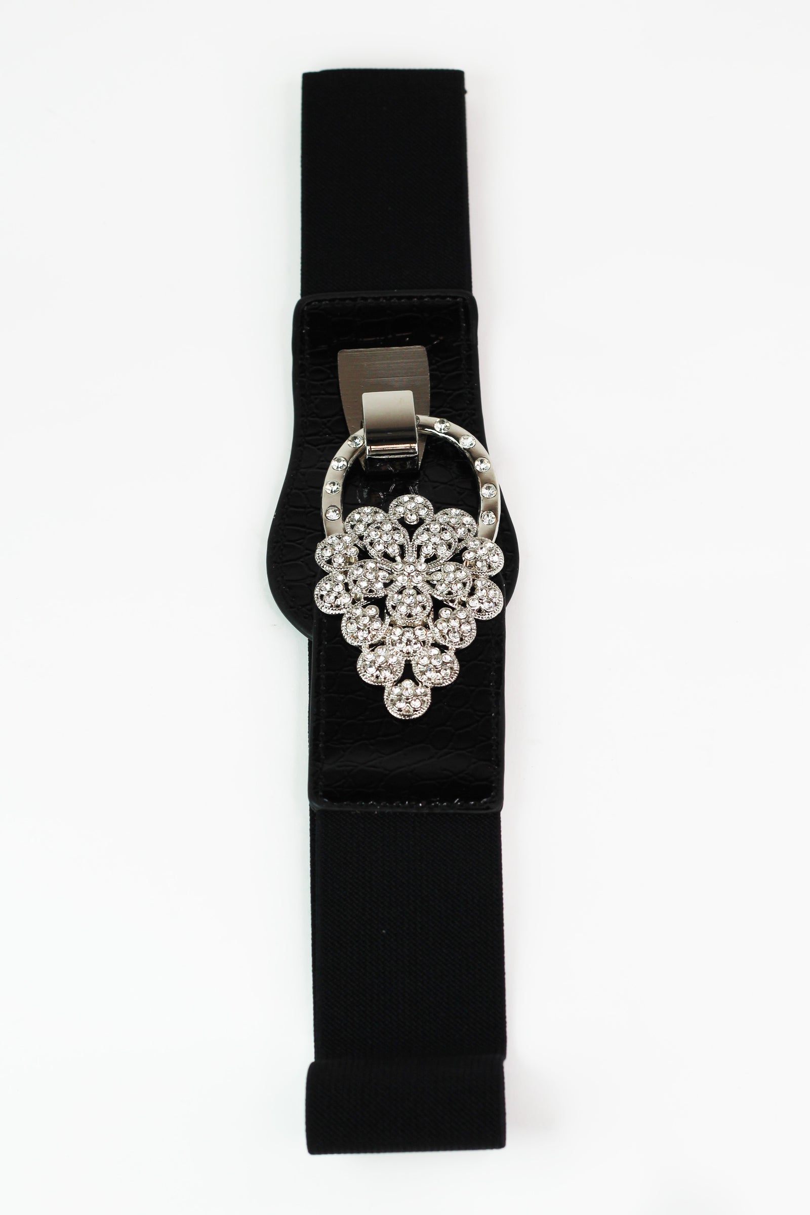 Rhinestone Flower & Loop Faux Leather & Elastic Belt